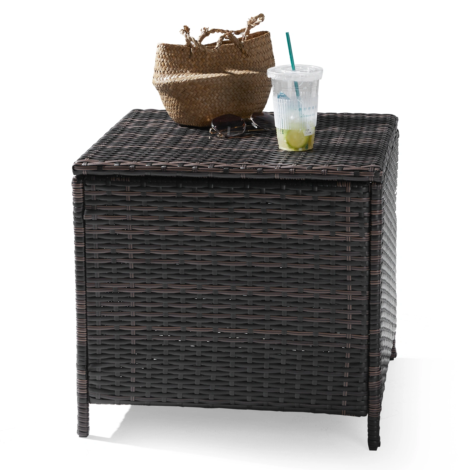Outdoor PE Wicker Side Table with Storage, Patio Rattan End Table Square Container for Furniture Covers, Toys and Gardening Tools, Brown (SAME AS 40154185) view 18