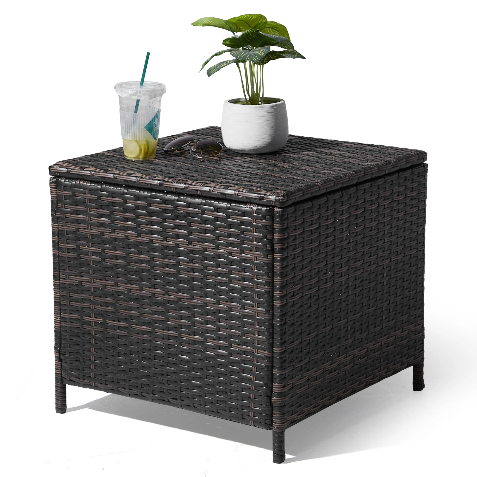 Outdoor PE Wicker Side Table with Storage, Patio Rattan End Table Square Container for Furniture Covers, Toys and Gardening Tools, Brown (SAME AS 40154185) view 19