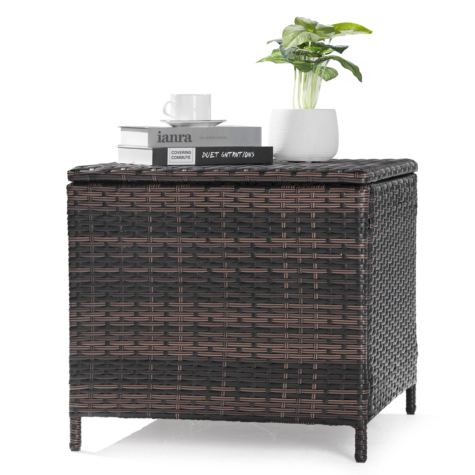 Outdoor PE Wicker Side Table with Storage, Patio Rattan End Table Square Container for Furniture Covers, Toys and Gardening Tools, Brown (SAME AS 40154185) view 22
