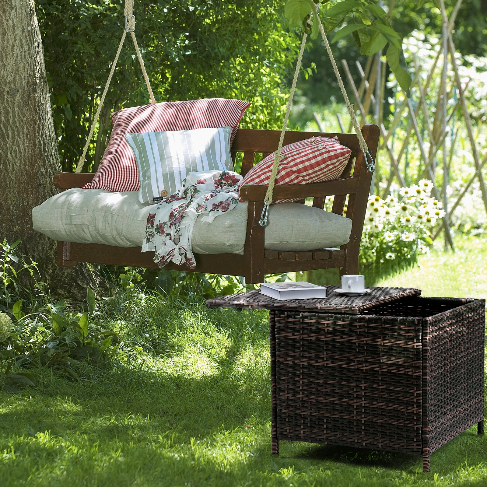 Outdoor PE Wicker Side Table with Storage, Patio Rattan End Table Square Container for Furniture Covers, Toys and Gardening Tools, Brown (SAME AS 40154185) view 23
