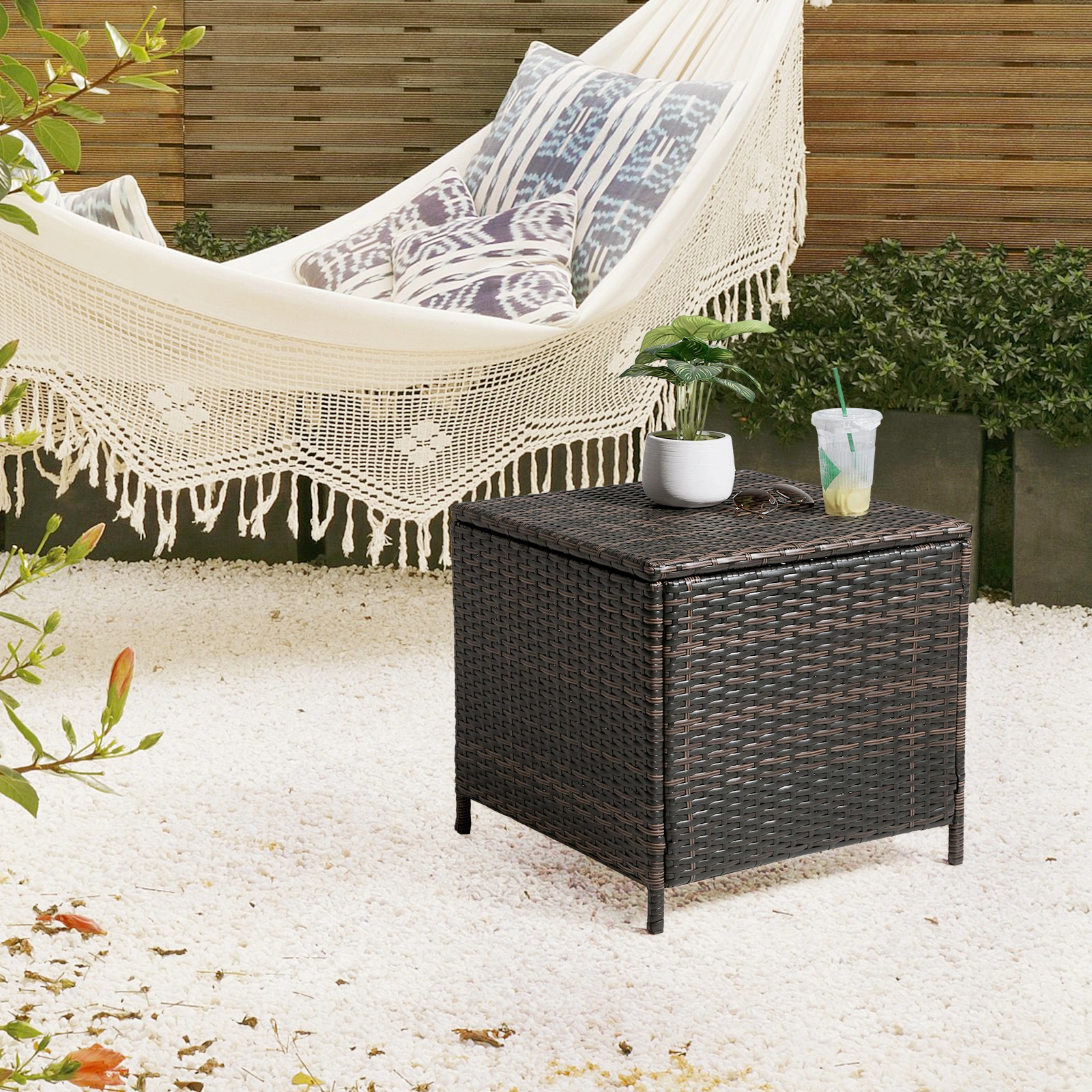 Outdoor PE Wicker Side Table with Storage, Patio Rattan End Table Square Container for Furniture Covers, Toys and Gardening Tools, Brown (SAME AS 40154185) view 24