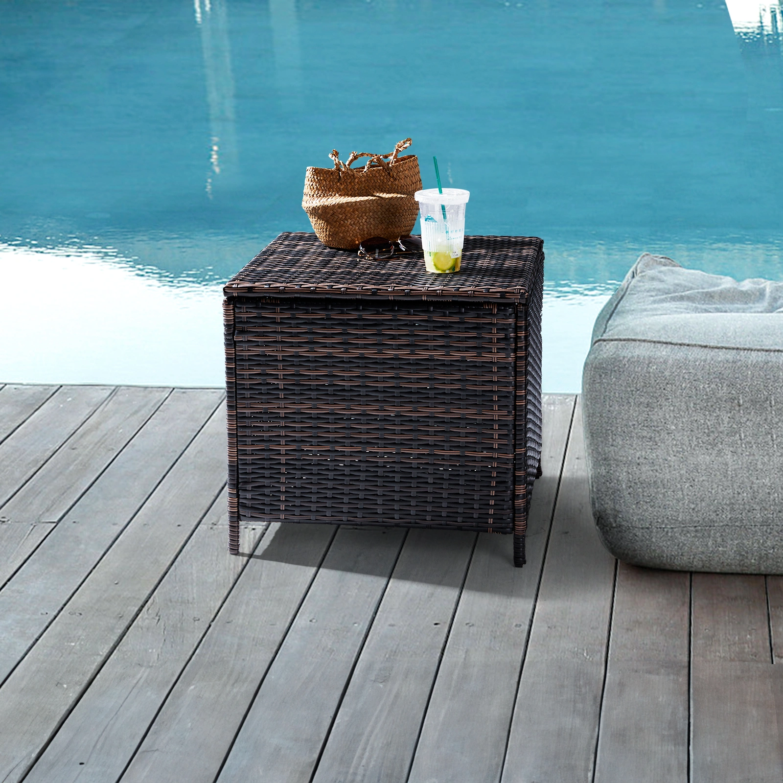 Outdoor PE Wicker Side Table with Storage, Patio Rattan End Table Square Container for Furniture Covers, Toys and Gardening Tools, Brown (SAME AS 40154185) view 25