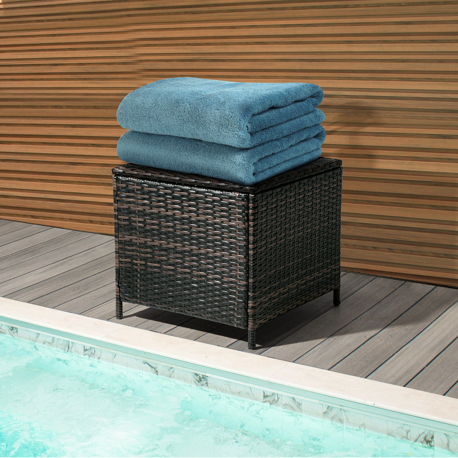 Outdoor PE Wicker Side Table with Storage, Patio Rattan End Table Square Container for Furniture Covers, Toys and Gardening Tools, Brown (SAME AS 40154185) view 26