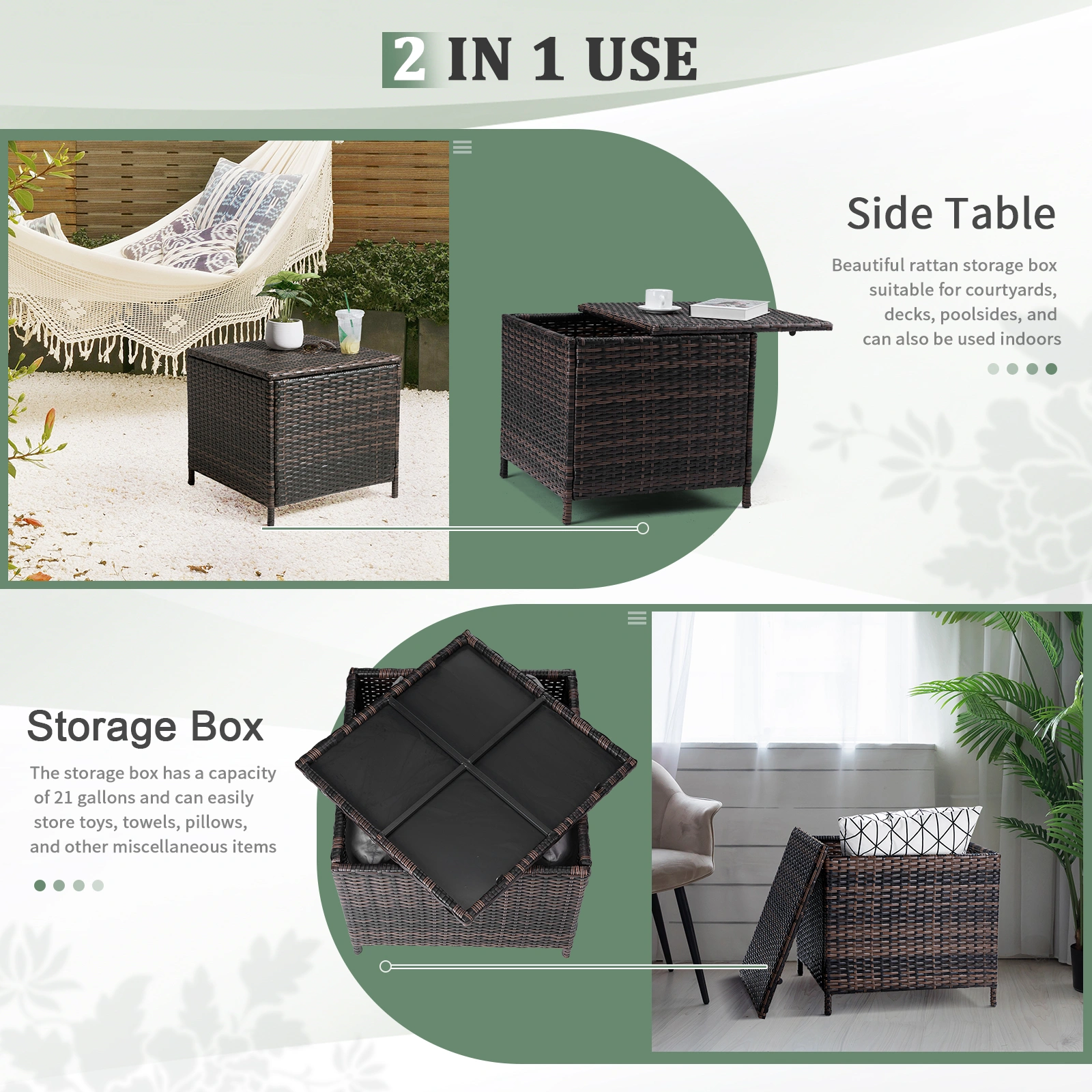Outdoor PE Wicker Side Table with Storage, Patio Rattan End Table Square Container for Furniture Covers, Toys and Gardening Tools, Brown (SAME AS 40154185) view 27