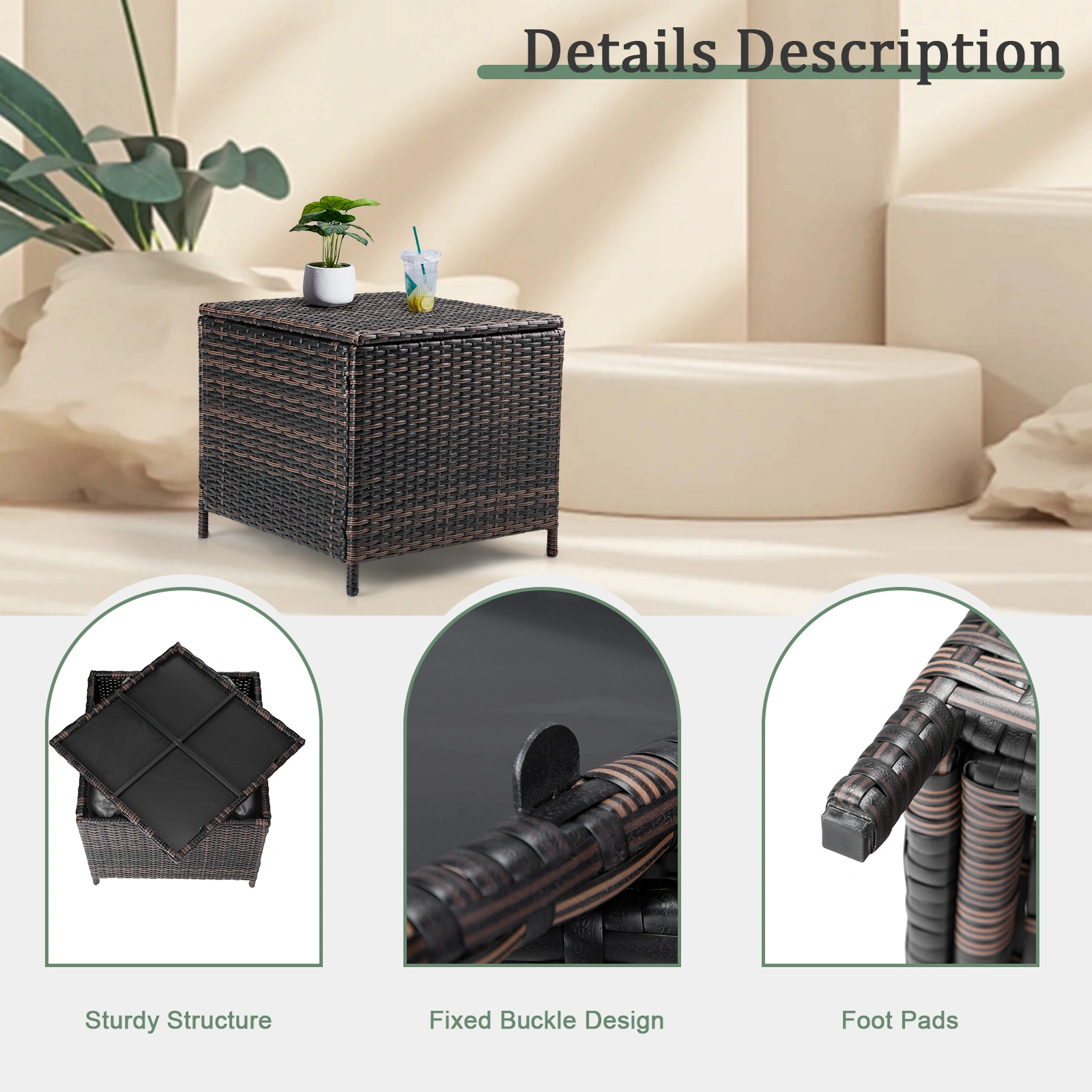Outdoor PE Wicker Side Table with Storage, Patio Rattan End Table Square Container for Furniture Covers, Toys and Gardening Tools, Brown (SAME AS 40154185) view 29