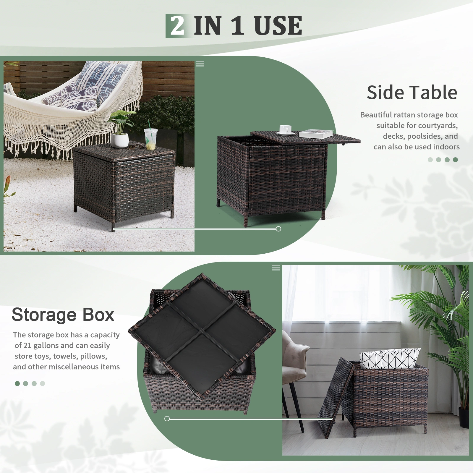 Outdoor PE Wicker Side Table with Storage, Patio Rattan End Table Square Container for Furniture Covers, Toys and Gardening Tools, Brown (SAME AS 40154185) view 30