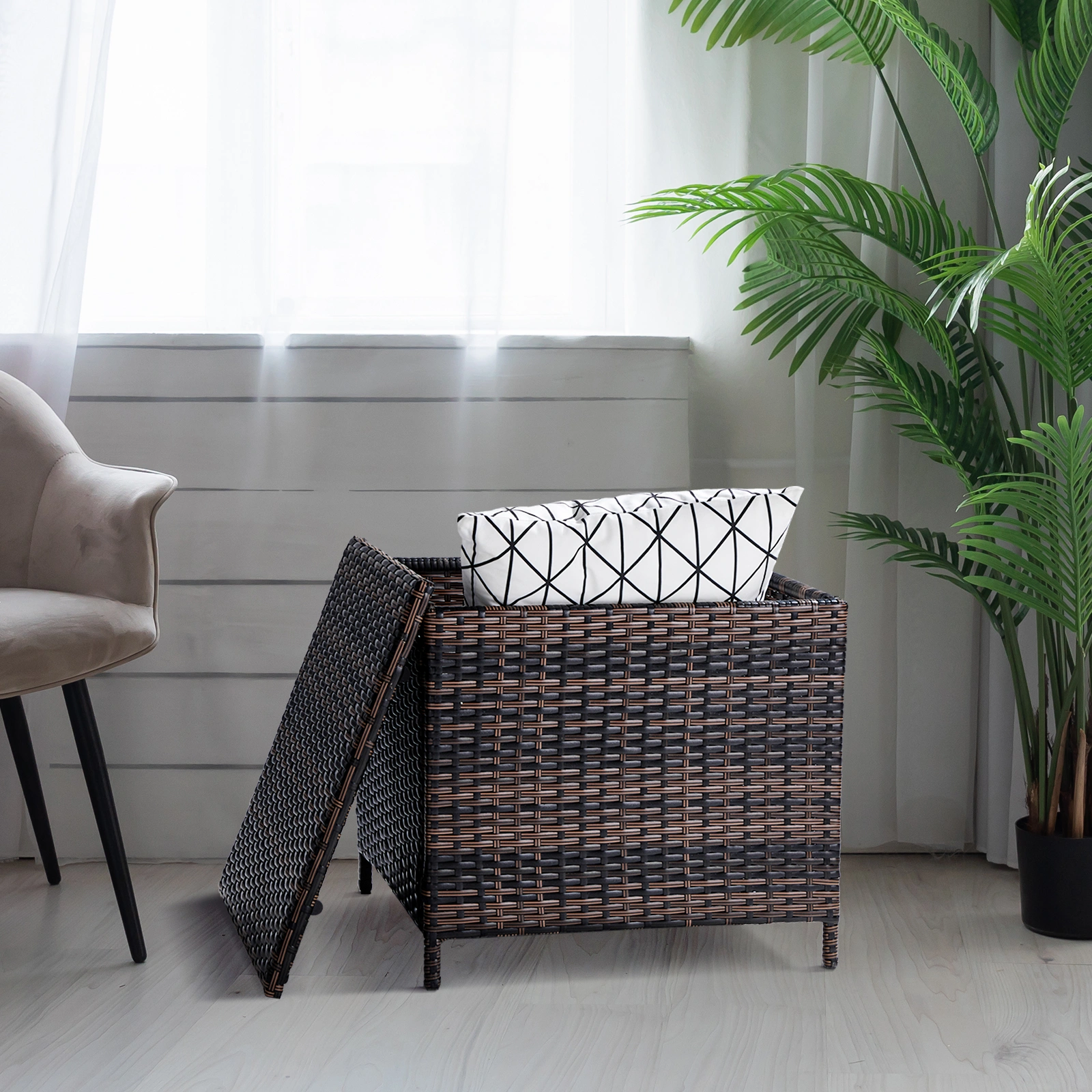Outdoor PE Wicker Side Table with Storage, Patio Rattan End Table Square Container for Furniture Covers, Toys and Gardening Tools, Brown (SAME AS 40154185) view 4
