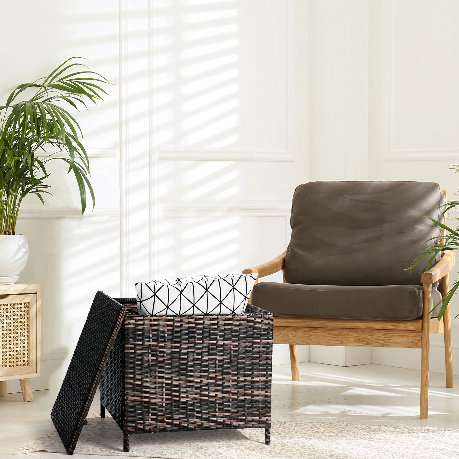 Outdoor PE Wicker Side Table with Storage, Patio Rattan End Table Square Container for Furniture Covers, Toys and Gardening Tools, Brown (SAME AS 40154185) view 5