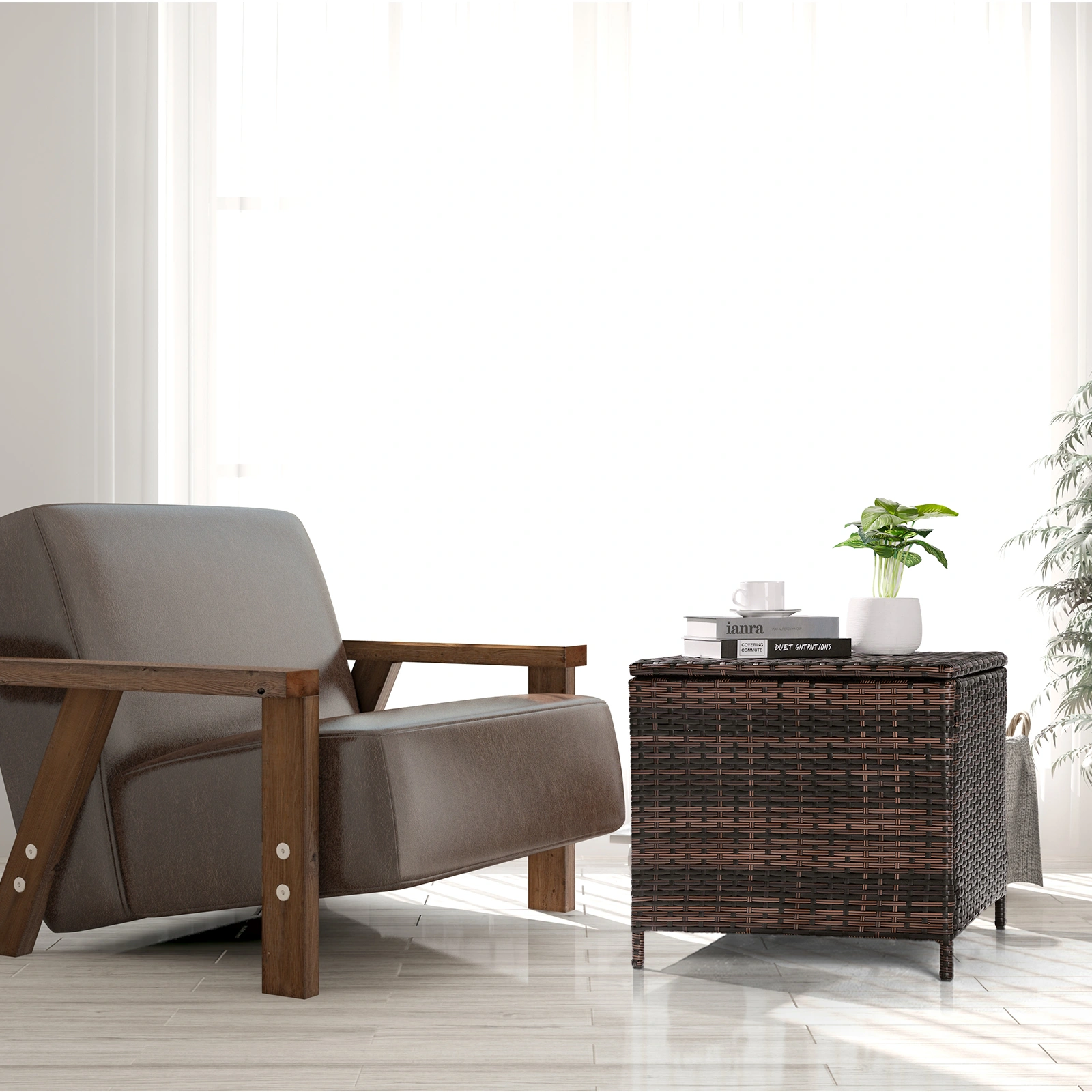 Outdoor PE Wicker Side Table with Storage, Patio Rattan End Table Square Container for Furniture Covers, Toys and Gardening Tools, Brown (SAME AS 40154185) view 6