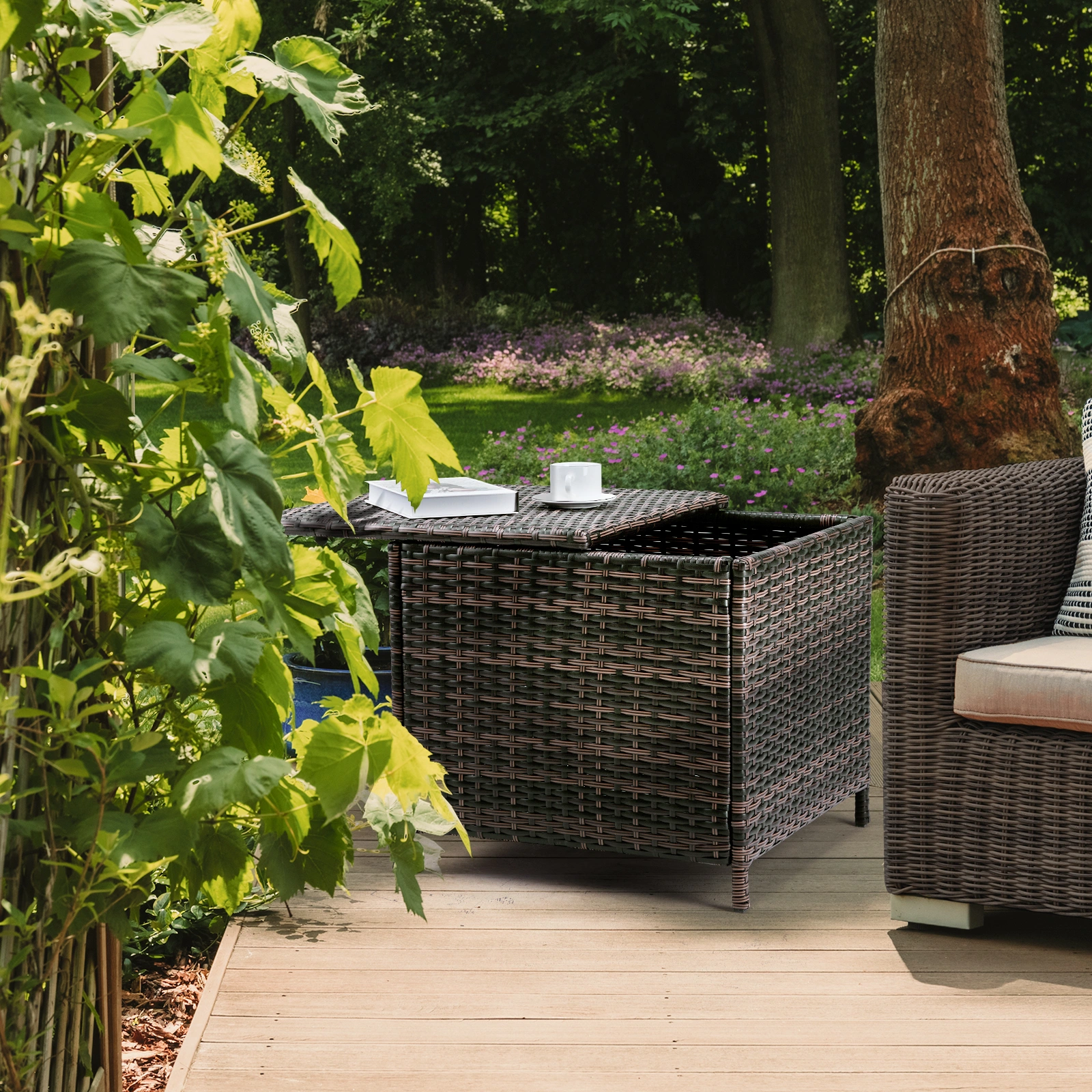 Outdoor PE Wicker Side Table with Storage, Patio Rattan End Table Square Container for Furniture Covers, Toys and Gardening Tools, Brown (SAME AS 40154185) view 7