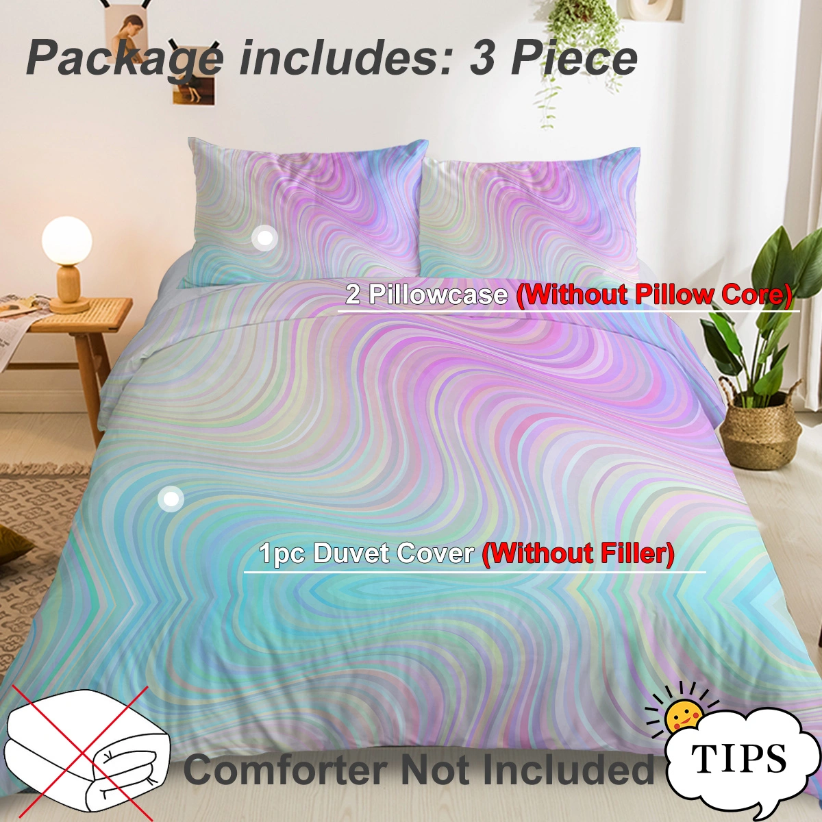 Rainbow Glitter Ombre Duvet Cover Set 3 Pcs Unicorn Sparkle Bedspread with 2 Pillow Shams Pink Purple Blue Green Pastel Bedding Single view 3
