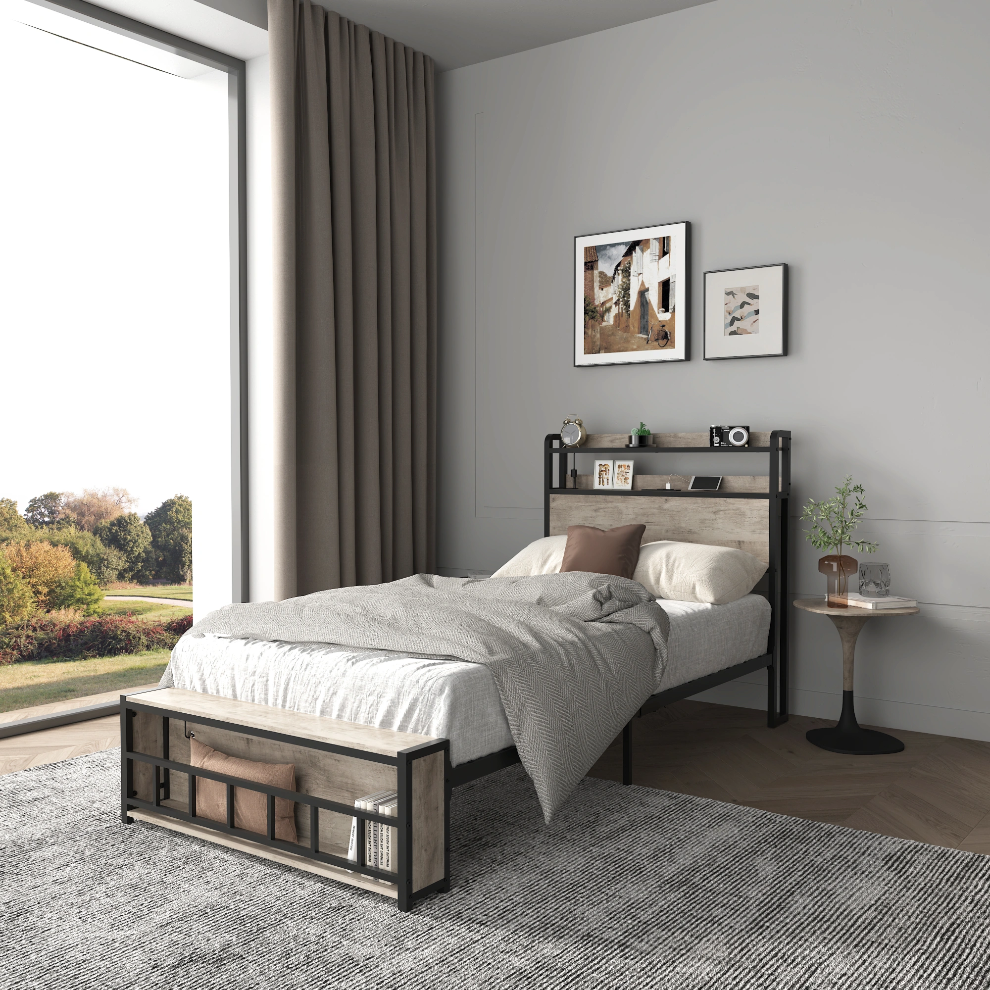 Twin Bed Frame with Headboard, Charging Station & LED Light, Solid Metal Bed Base, Noise-Free, No Box Spring Needed, Easy Assembly for Bedroom