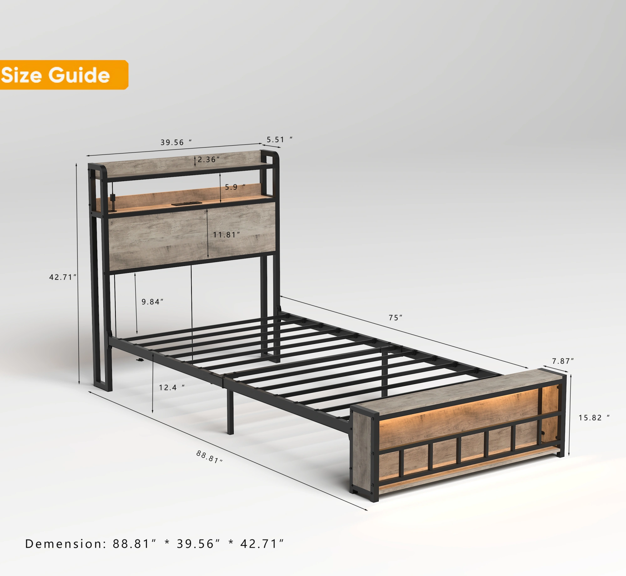 Twin Bed Frame with Headboard, Charging Station & LED Light, Solid Metal Bed Base, Noise-Free, No Box Spring Needed, Easy Assembly for Bedroom view 5