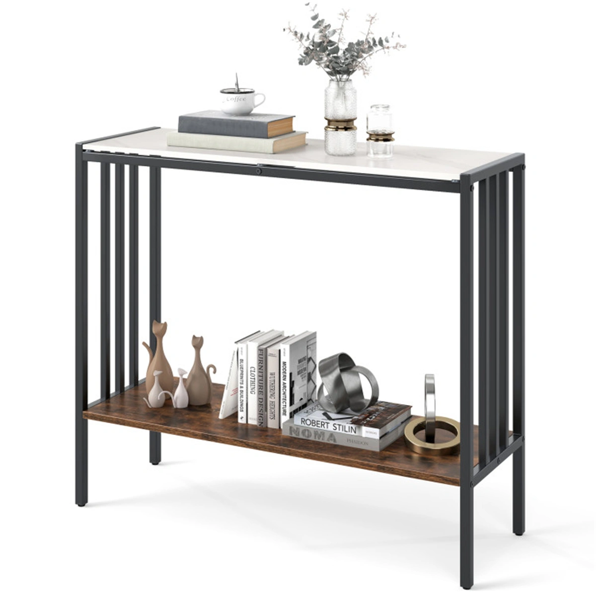 Modern Industrial Console Table 2-Tier, Sintered Stone Top with Anti-Slip Bumpers & Adjustable Foot Pads