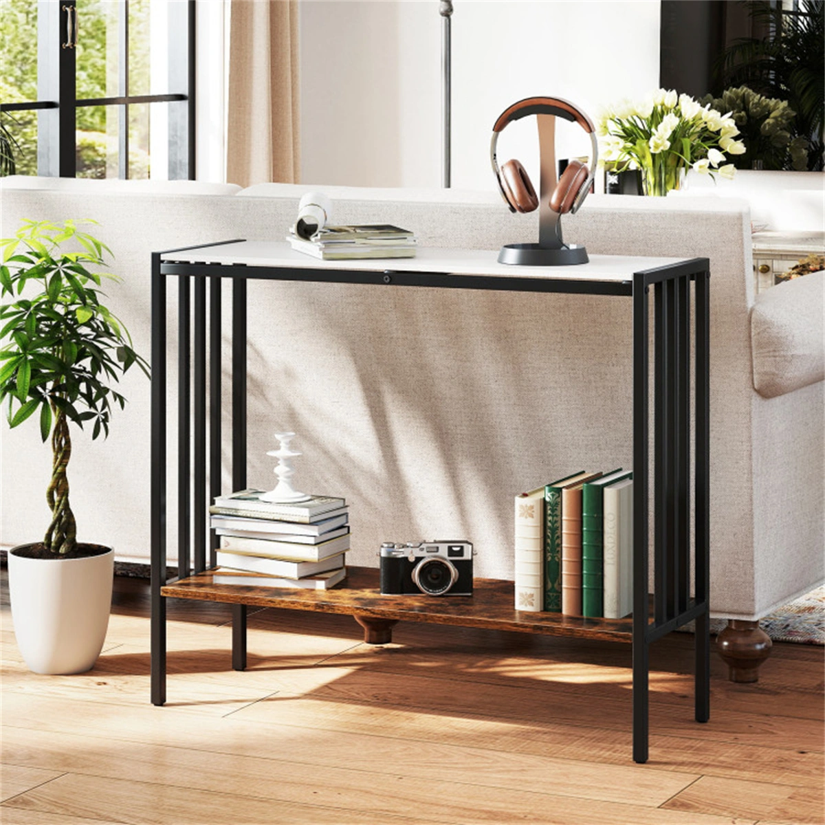 Modern Industrial Console Table 2-Tier, Sintered Stone Top with Anti-Slip Bumpers & Adjustable Foot Pads view 10