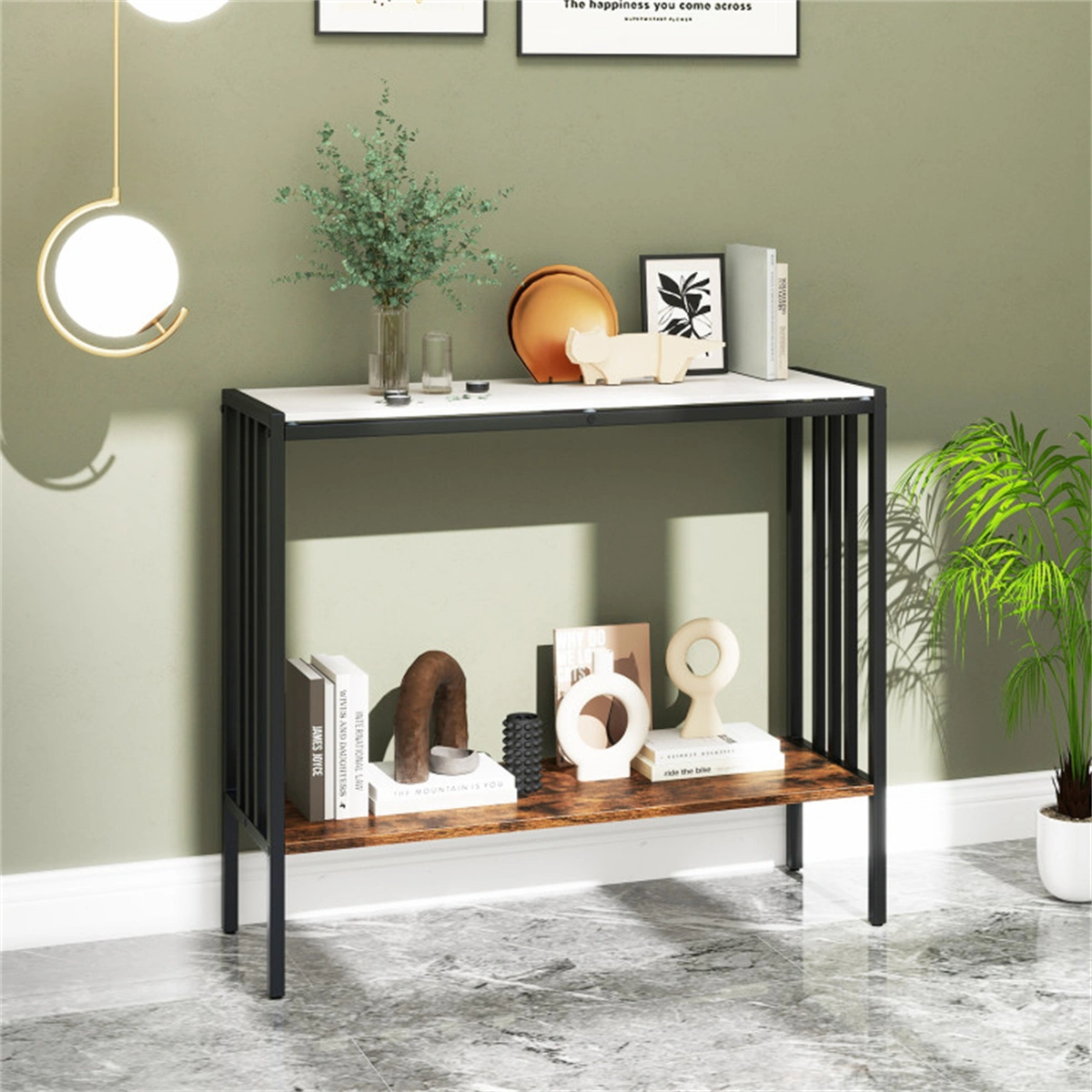 Modern Industrial Console Table 2-Tier, Sintered Stone Top with Anti-Slip Bumpers & Adjustable Foot Pads view 2
