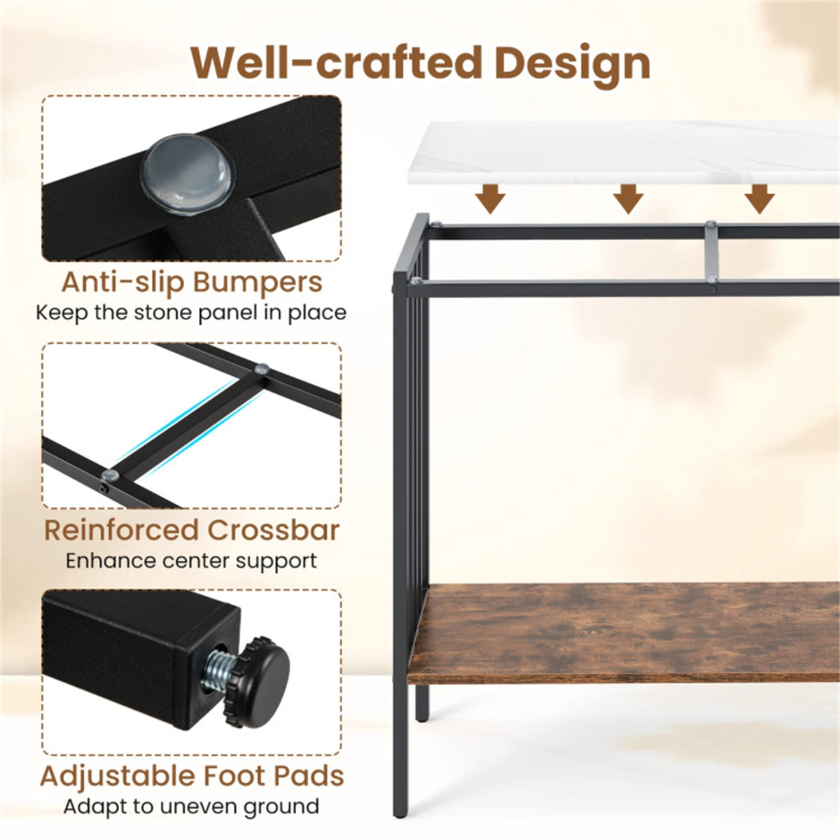 Modern Industrial Console Table 2-Tier, Sintered Stone Top with Anti-Slip Bumpers & Adjustable Foot Pads view 5