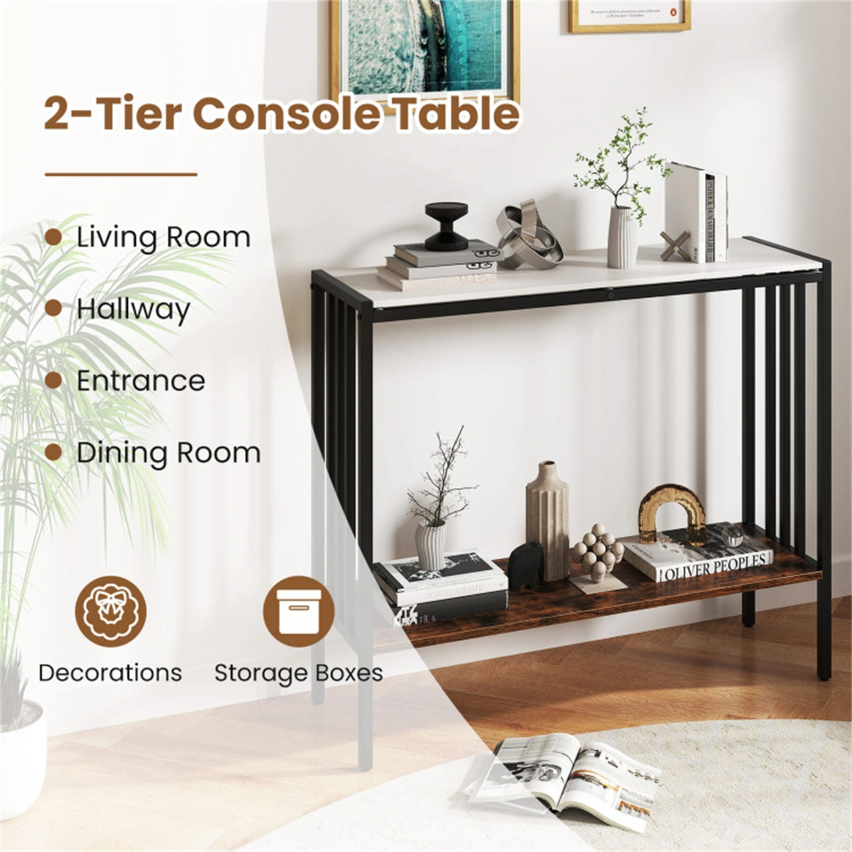 Modern Industrial Console Table 2-Tier, Sintered Stone Top with Anti-Slip Bumpers & Adjustable Foot Pads view 6