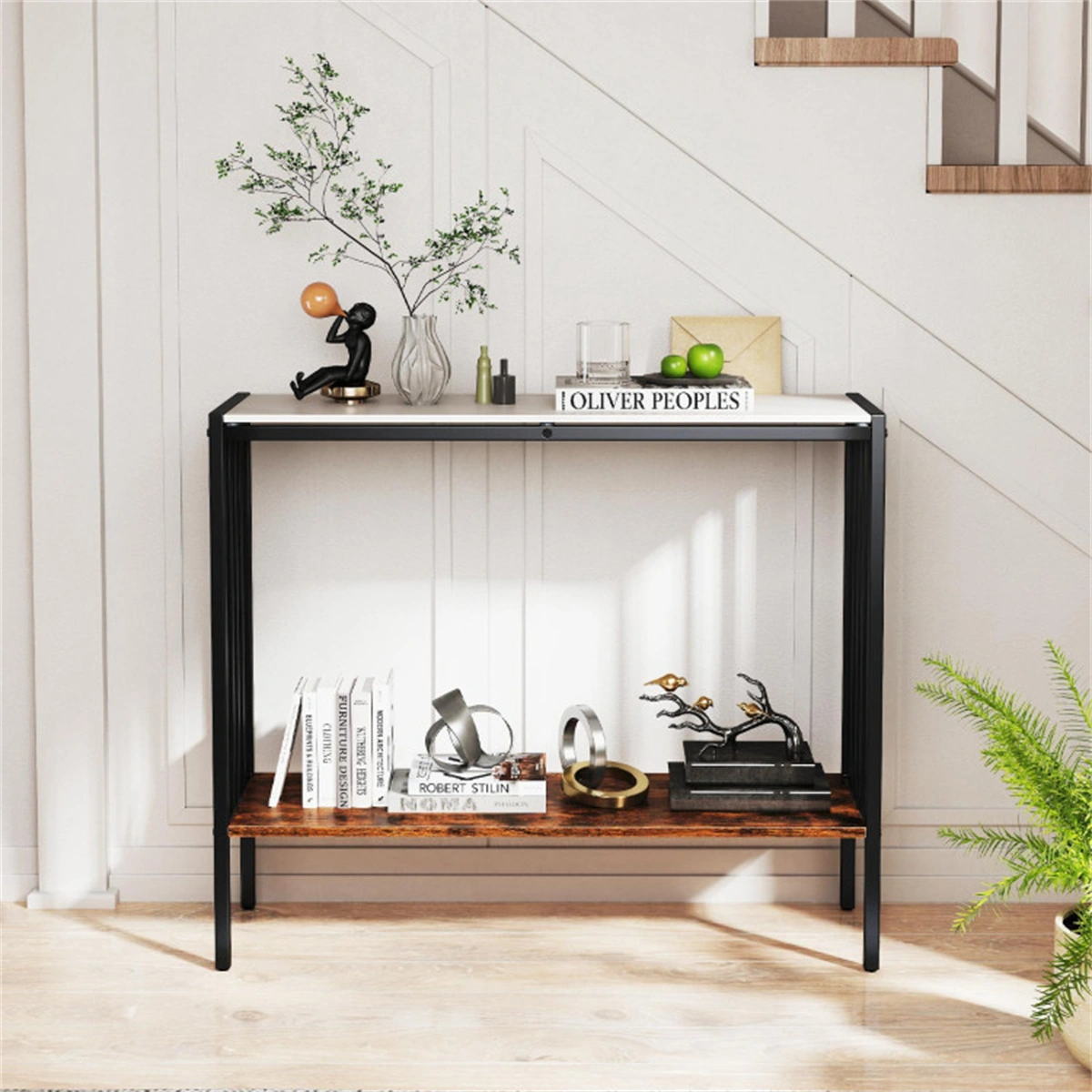 Modern Industrial Console Table 2-Tier, Sintered Stone Top with Anti-Slip Bumpers & Adjustable Foot Pads view 7
