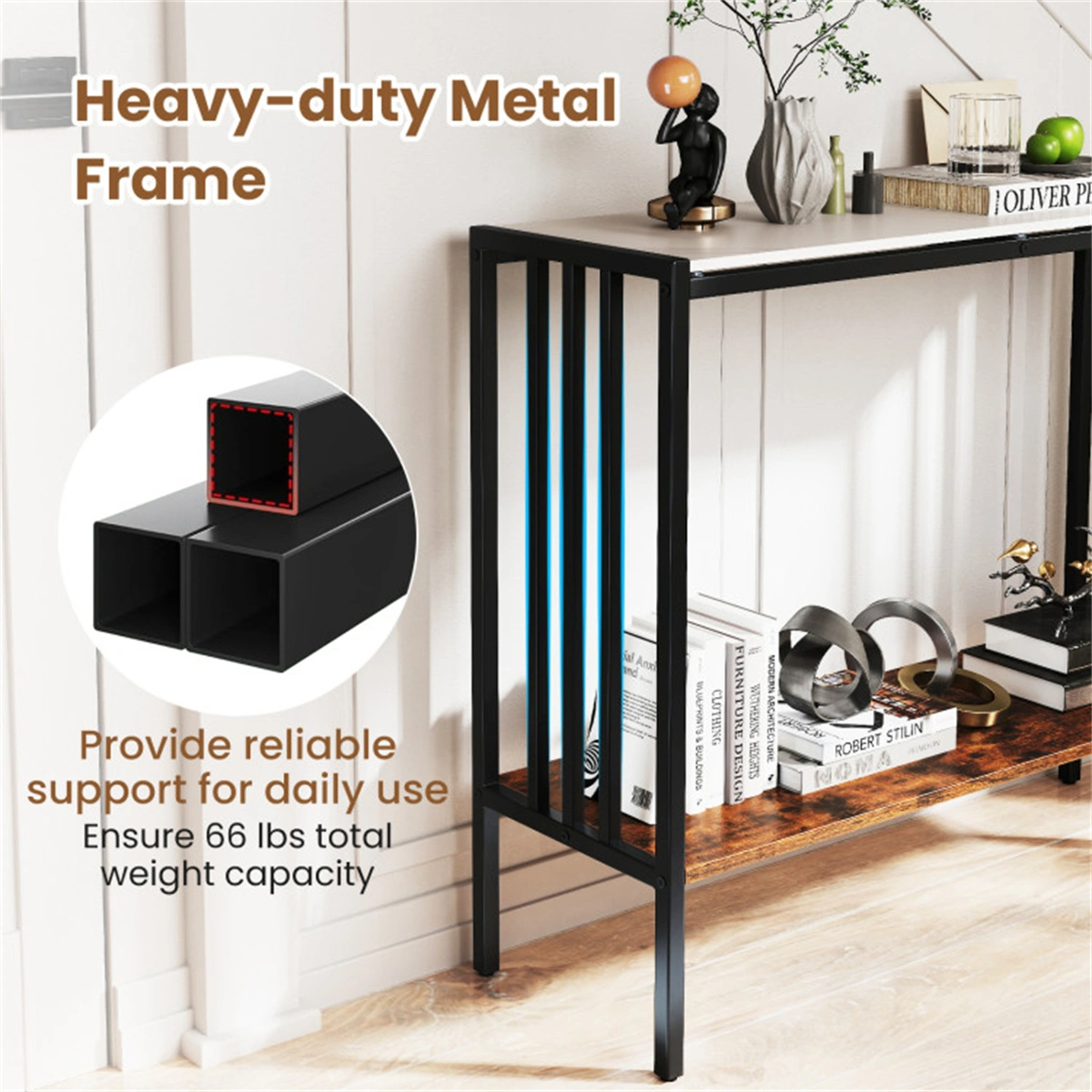 Modern Industrial Console Table 2-Tier, Sintered Stone Top with Anti-Slip Bumpers & Adjustable Foot Pads view 8