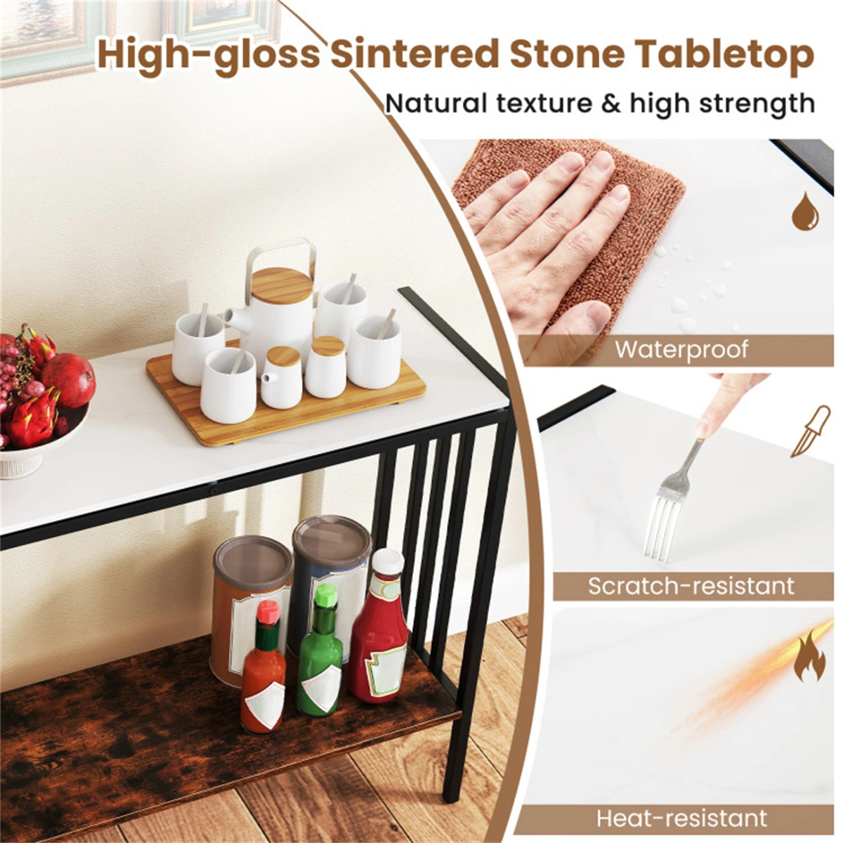 Modern Industrial Console Table 2-Tier, Sintered Stone Top with Anti-Slip Bumpers & Adjustable Foot Pads view 9