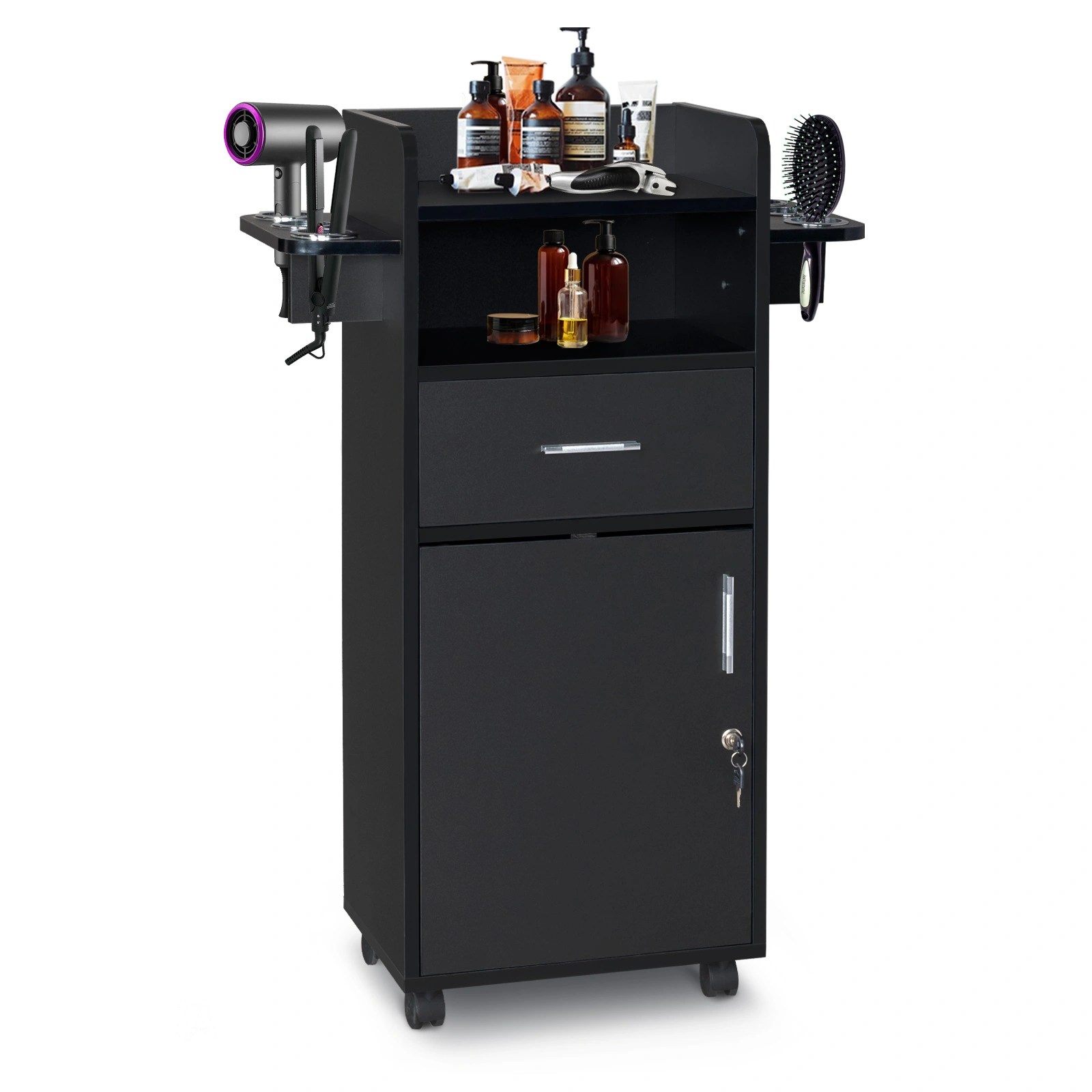 Beauty Salon Trolley Cart, Salon Cabinet with 360° Wheels, 6 Tool Holders, 1 Drawer, Salon Station Rolling Cart view 14