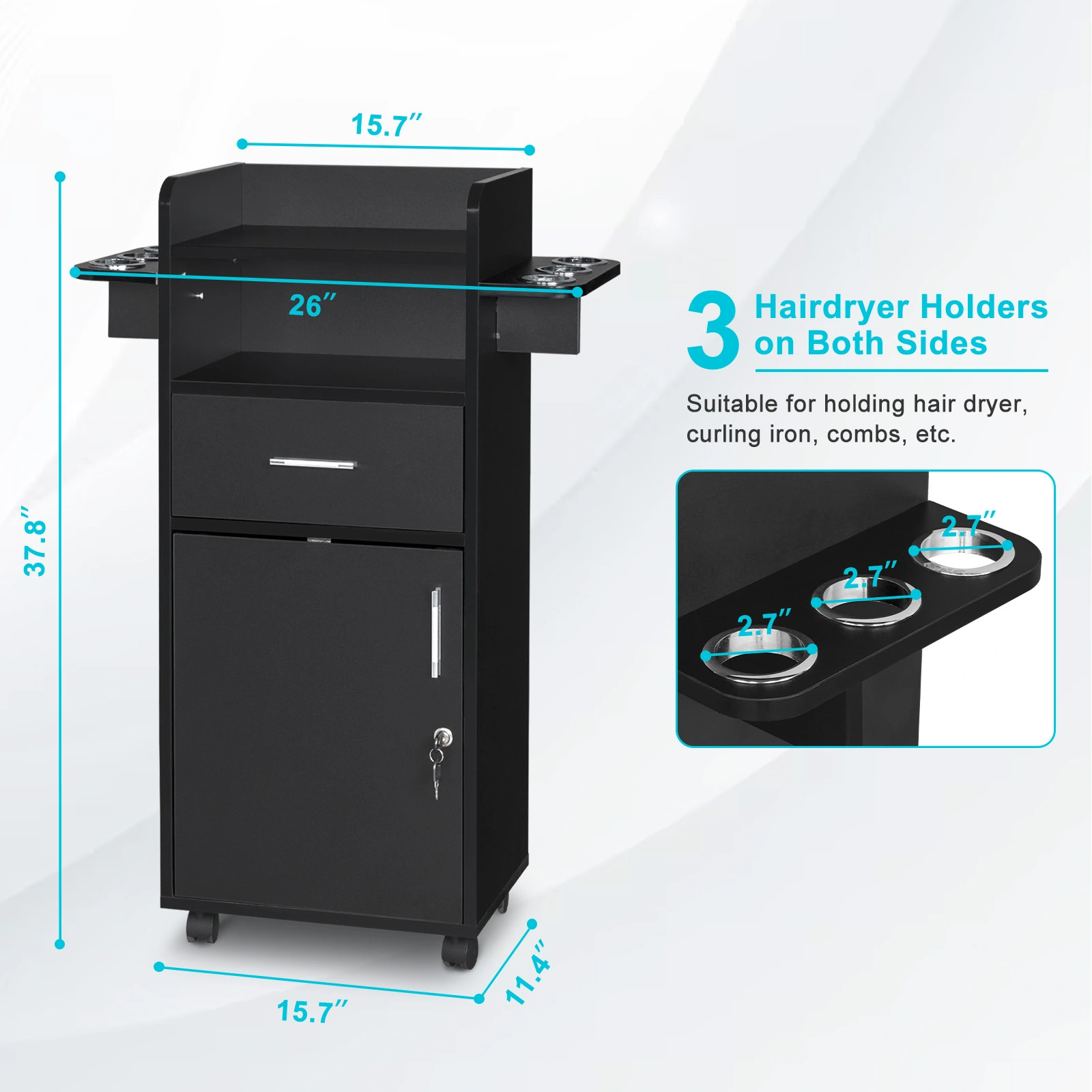 Beauty Salon Trolley Cart, Salon Cabinet with 360° Wheels, 6 Tool Holders, 1 Drawer, Salon Station Rolling Cart view 15