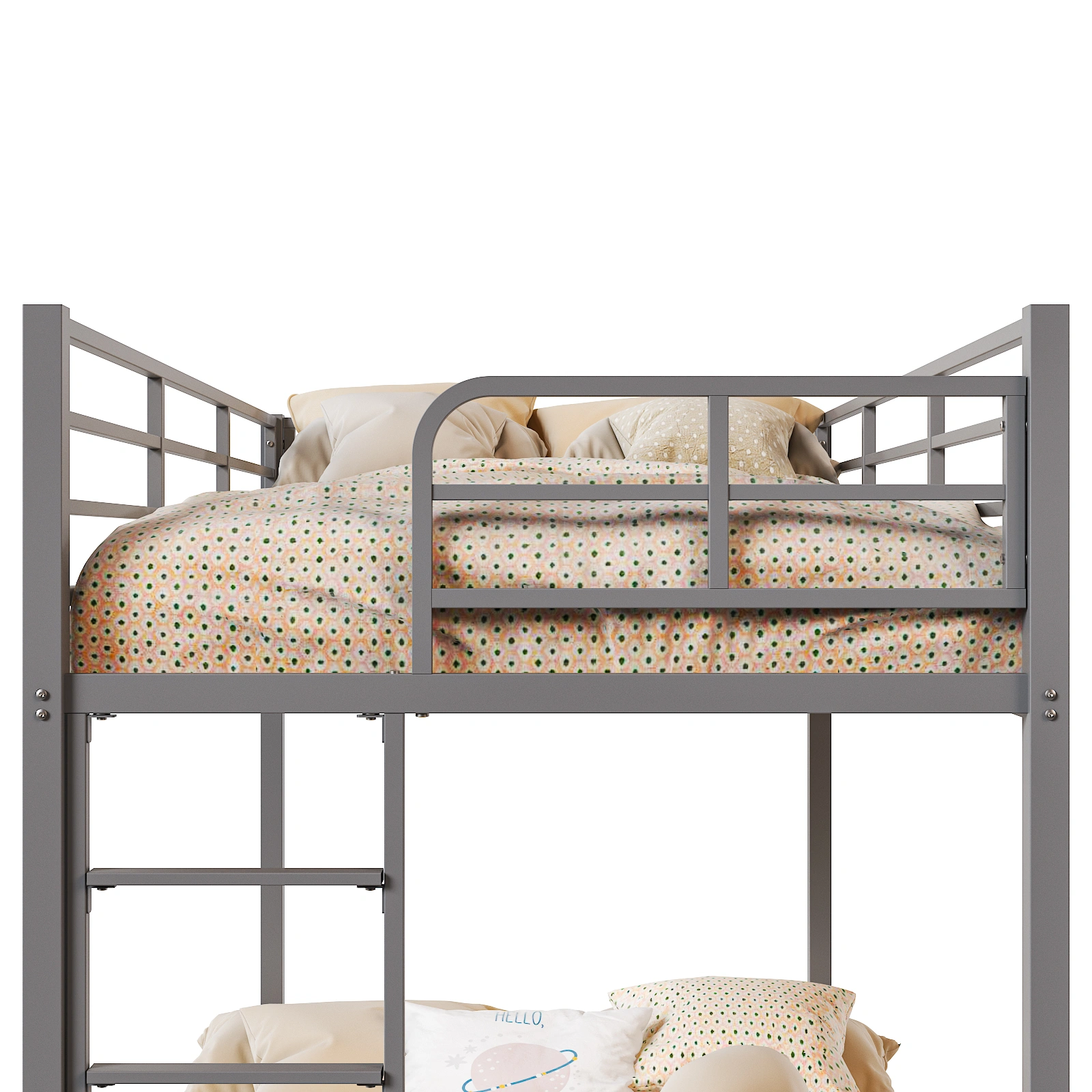 Grey Twin Bunk Bed Square Tube High Guardrail Side Ladder Opening Iron Bed view 10