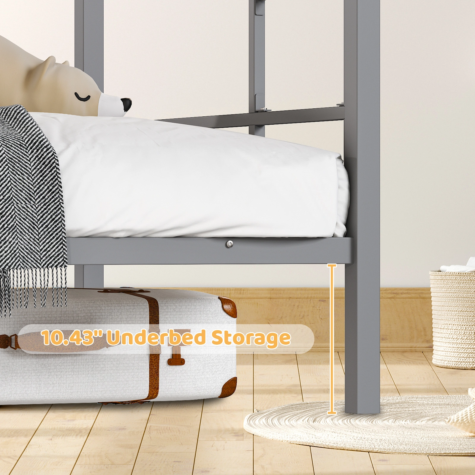 Grey Twin Bunk Bed Square Tube High Guardrail Side Ladder Opening Iron Bed view 12