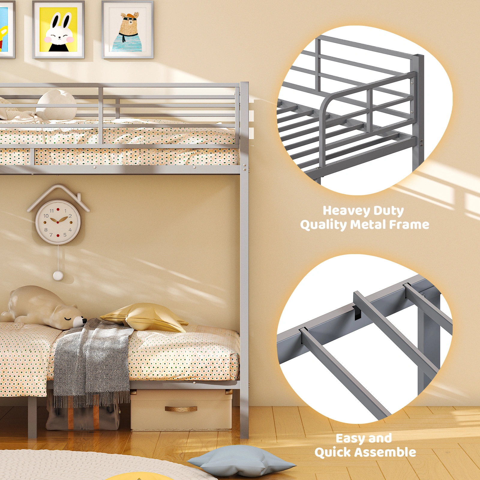 Grey Twin Bunk Bed Square Tube High Guardrail Side Ladder Opening Iron Bed view 13