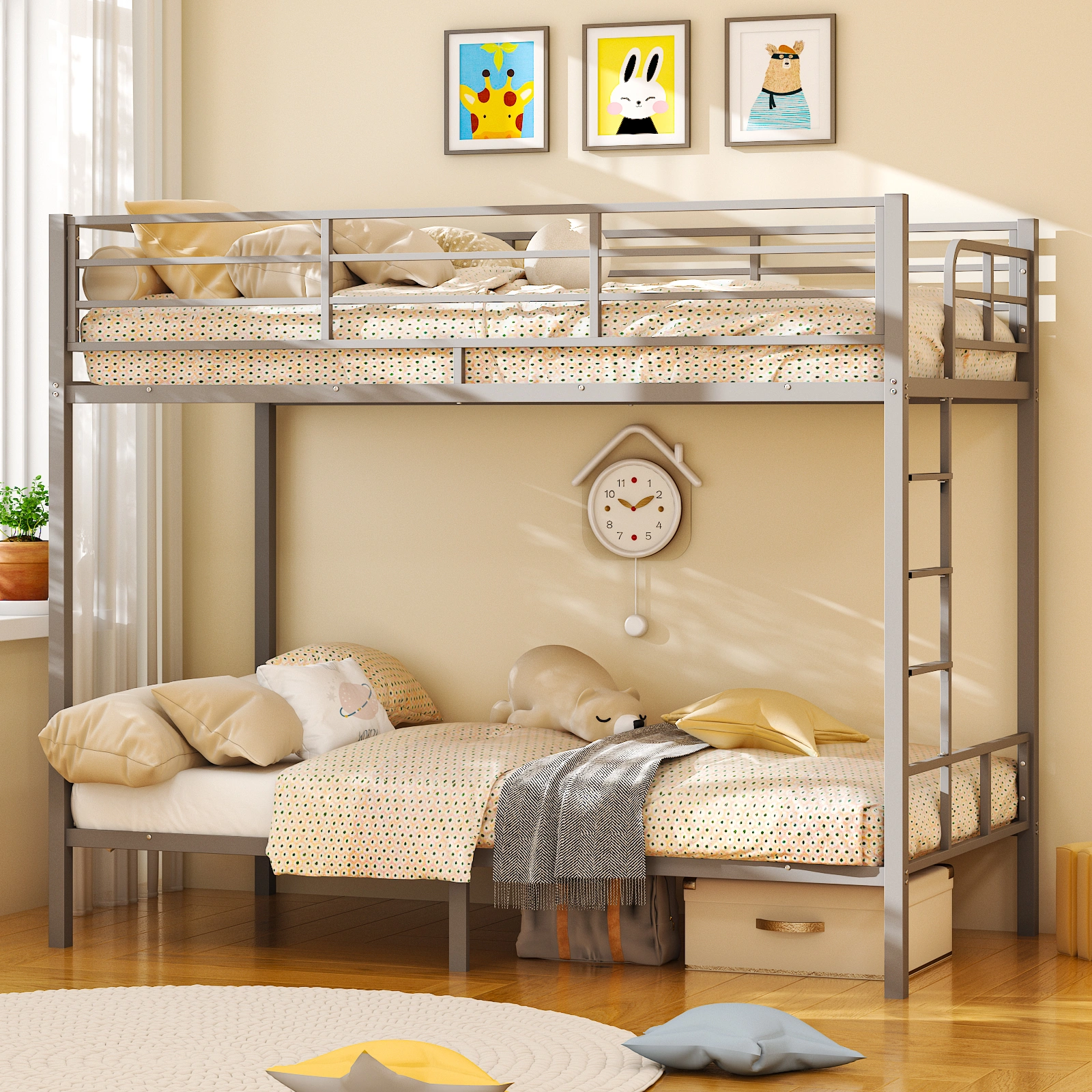 Grey Twin Bunk Bed Square Tube High Guardrail Side Ladder Opening Iron Bed view 7