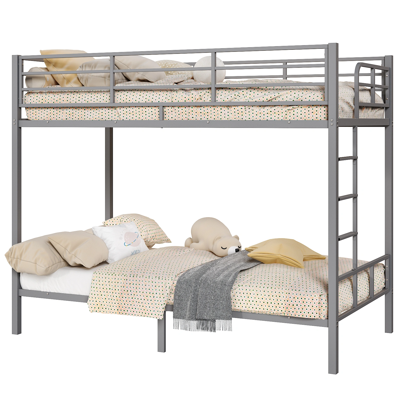 Grey Twin Bunk Bed Square Tube High Guardrail Side Ladder Opening Iron Bed view 8