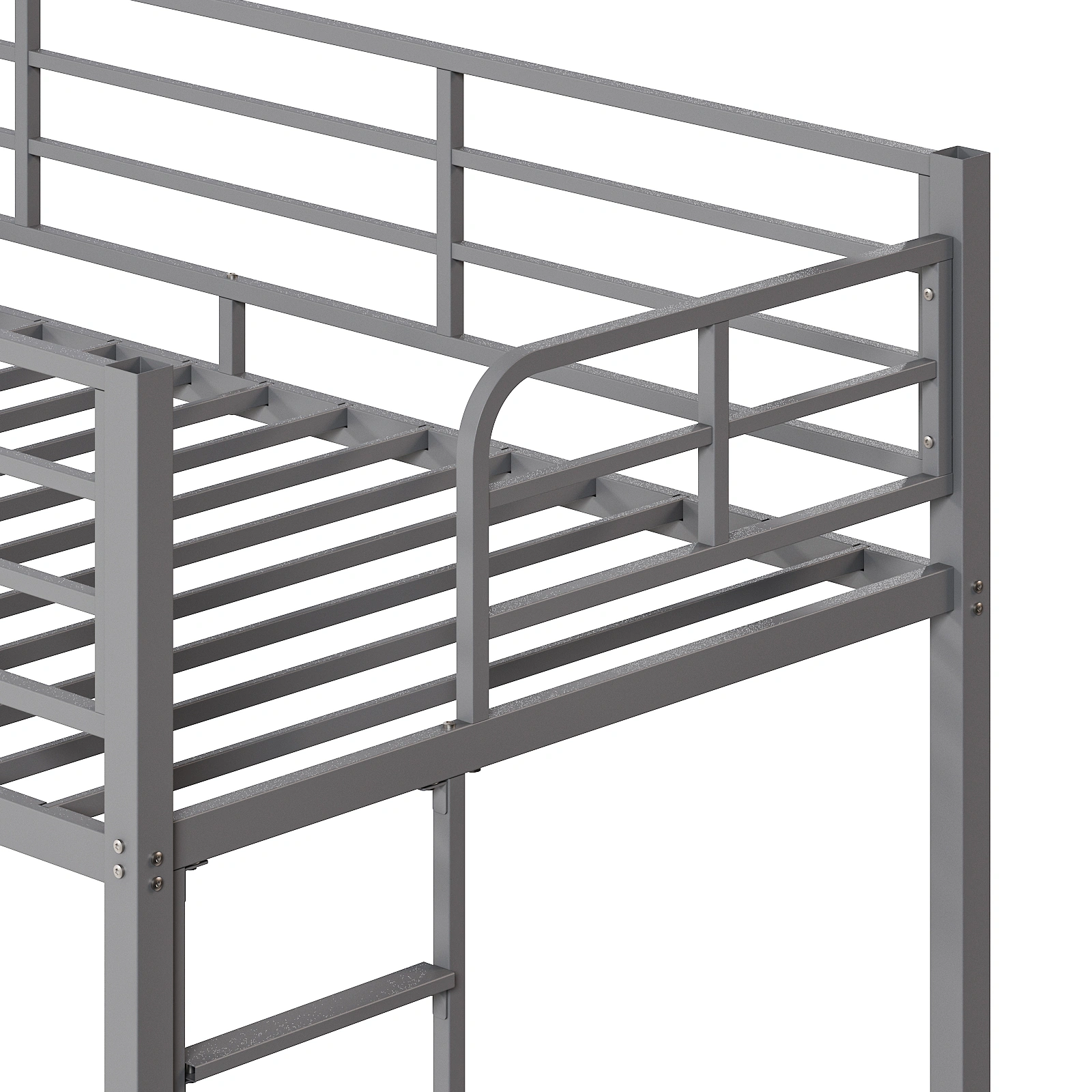Grey Twin Bunk Bed Square Tube High Guardrail Side Ladder Opening Iron Bed view 9