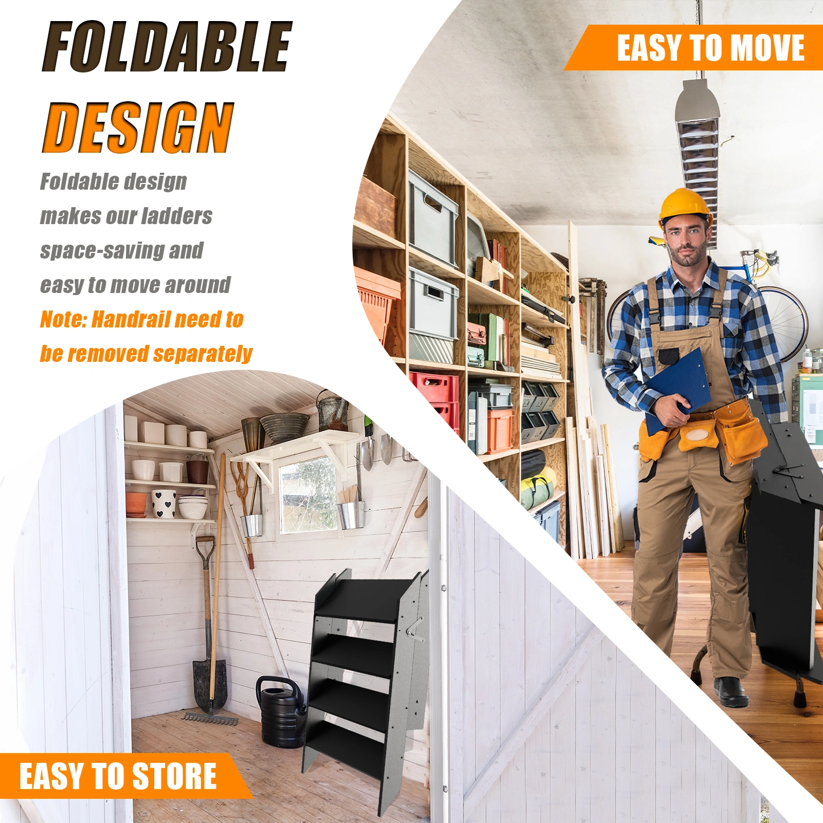 4-Step Folding Step Ladder, Telescopic Height-Adjustable Handrail, Non-Slip Feet, Compact Space-Saver for Home, RV, Mobilhome, Patio, Deck, Spa Access, 330 lbs Weight Capacity view 3