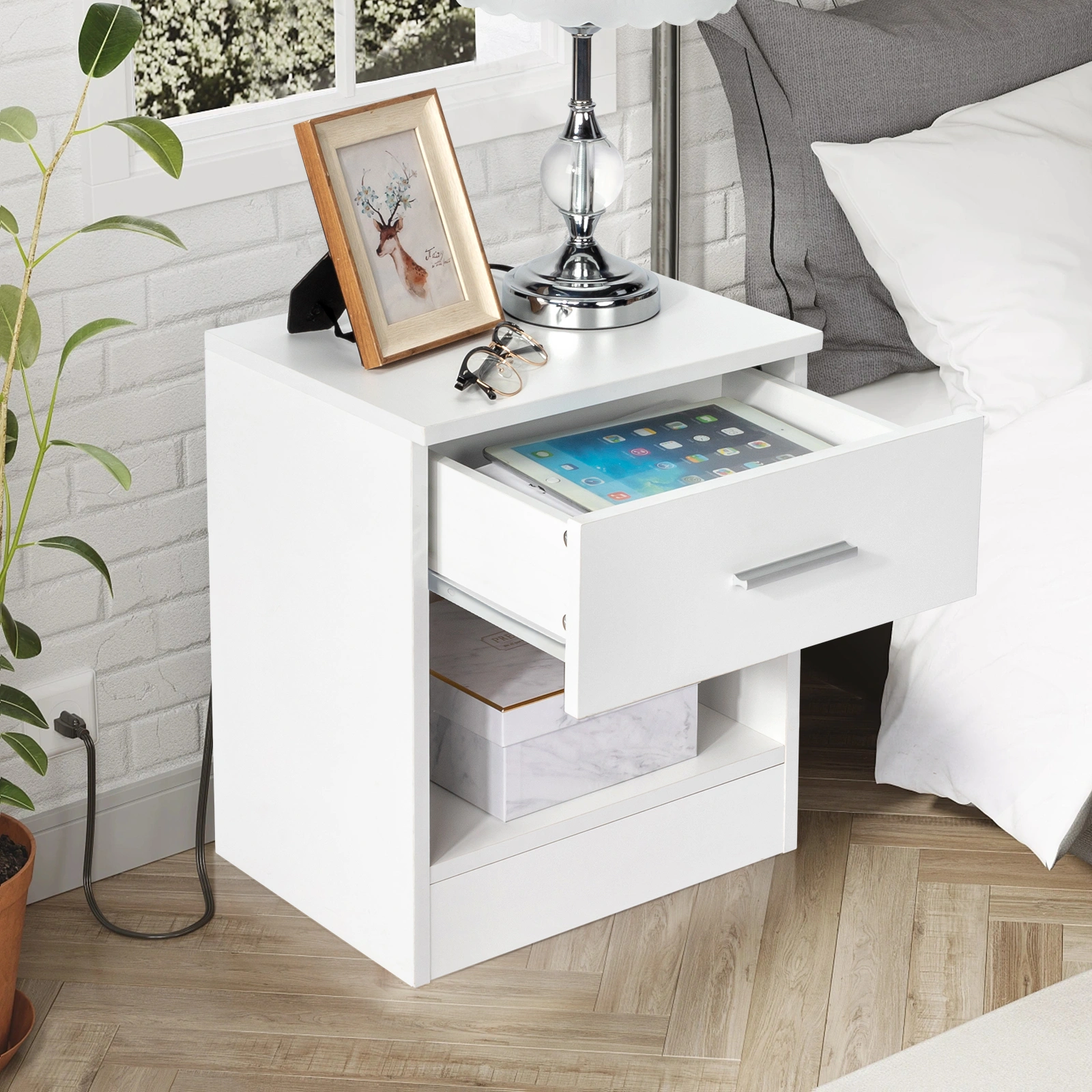 2-Tier Nightstand Set of 2, Bedside Cabinet End Table for Bedroom Home Office White view 2