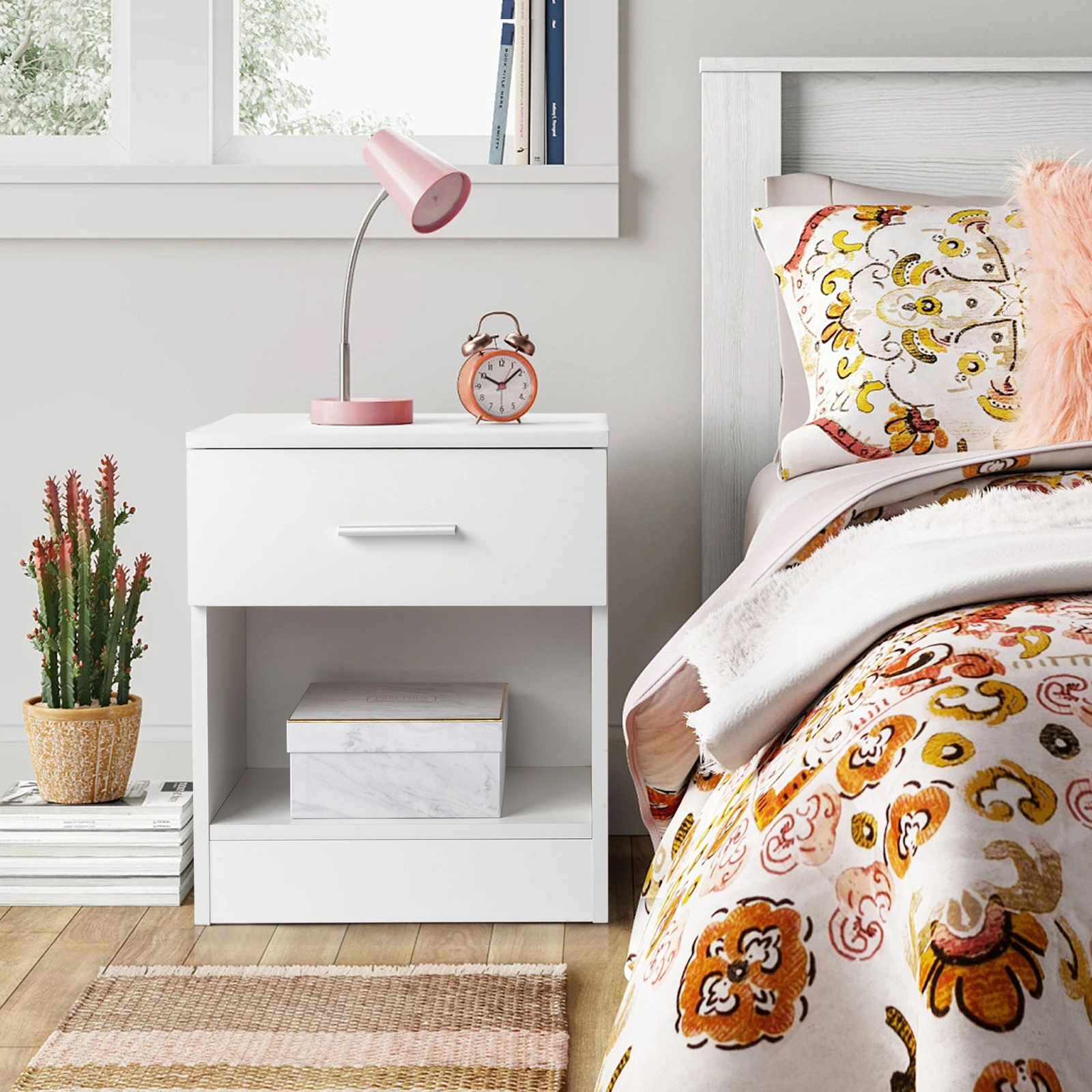 2-Tier Nightstand Set of 2, Bedside Cabinet End Table for Bedroom Home Office White view 3