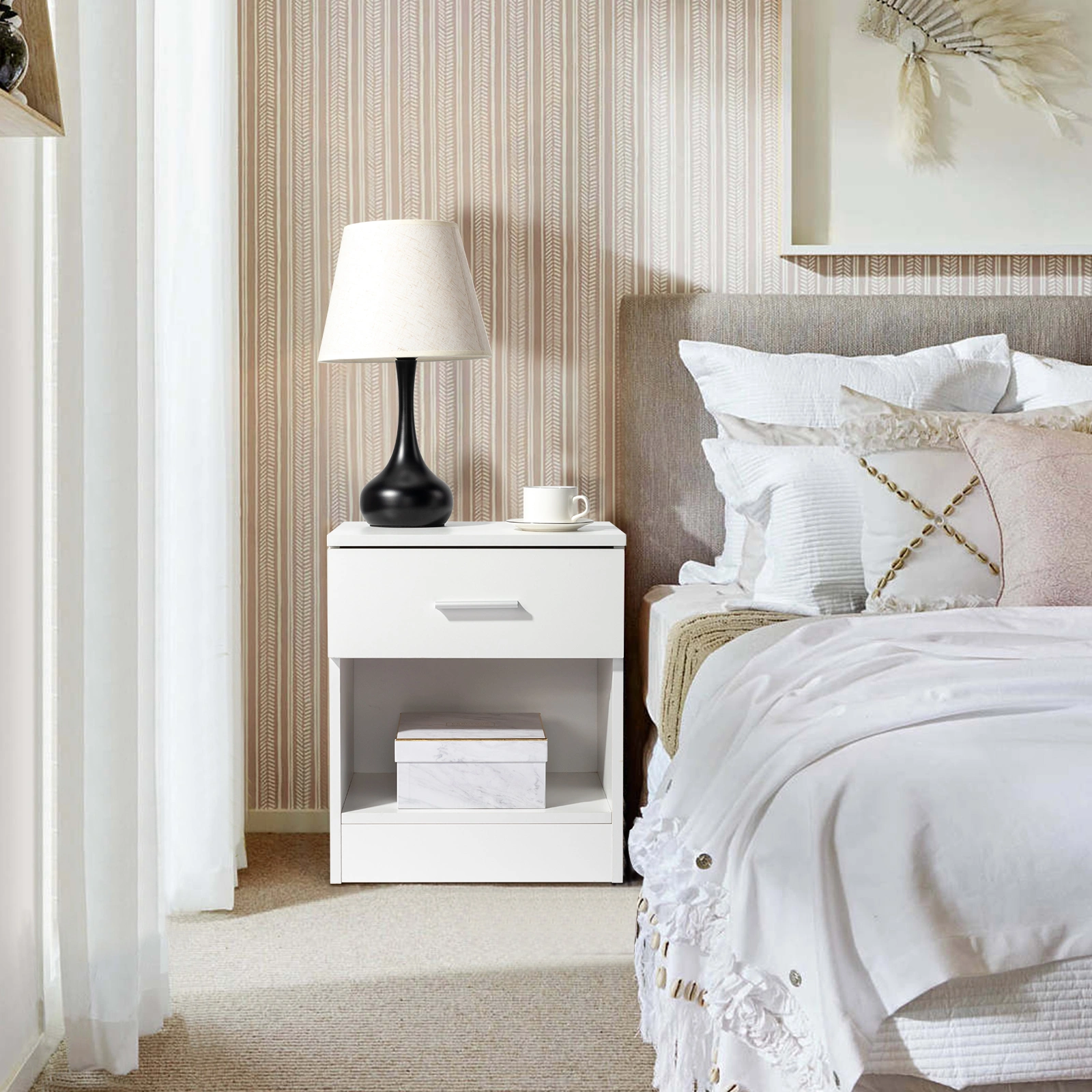 2-Tier Nightstand Set of 2, Bedside Cabinet End Table for Bedroom Home Office White view 5