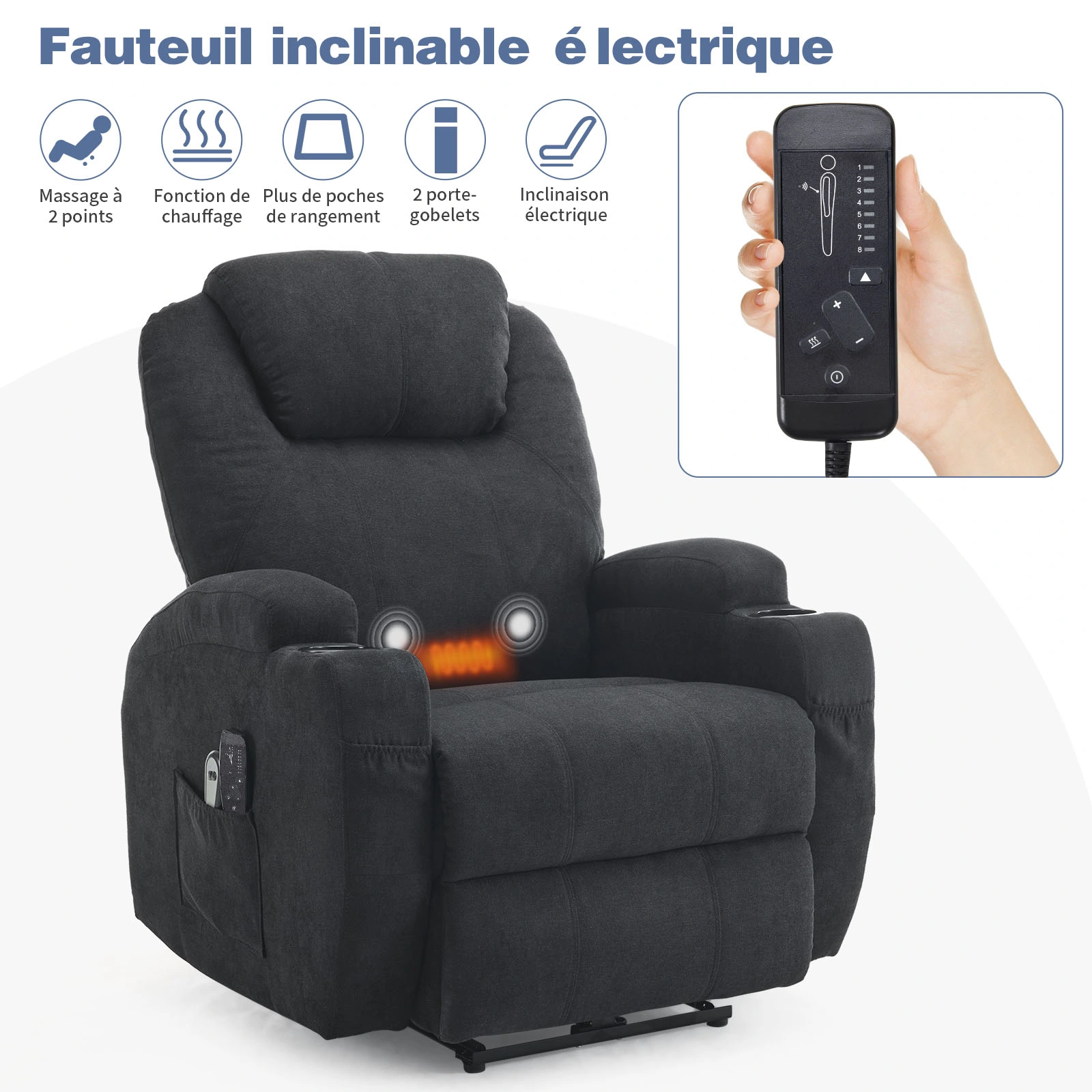 1pc Black Fabric Electric Flat Functional Chair with 2-Point Massage Belt & Heating, 120kg Weight Capacity, Indoor Power Recliner view 2