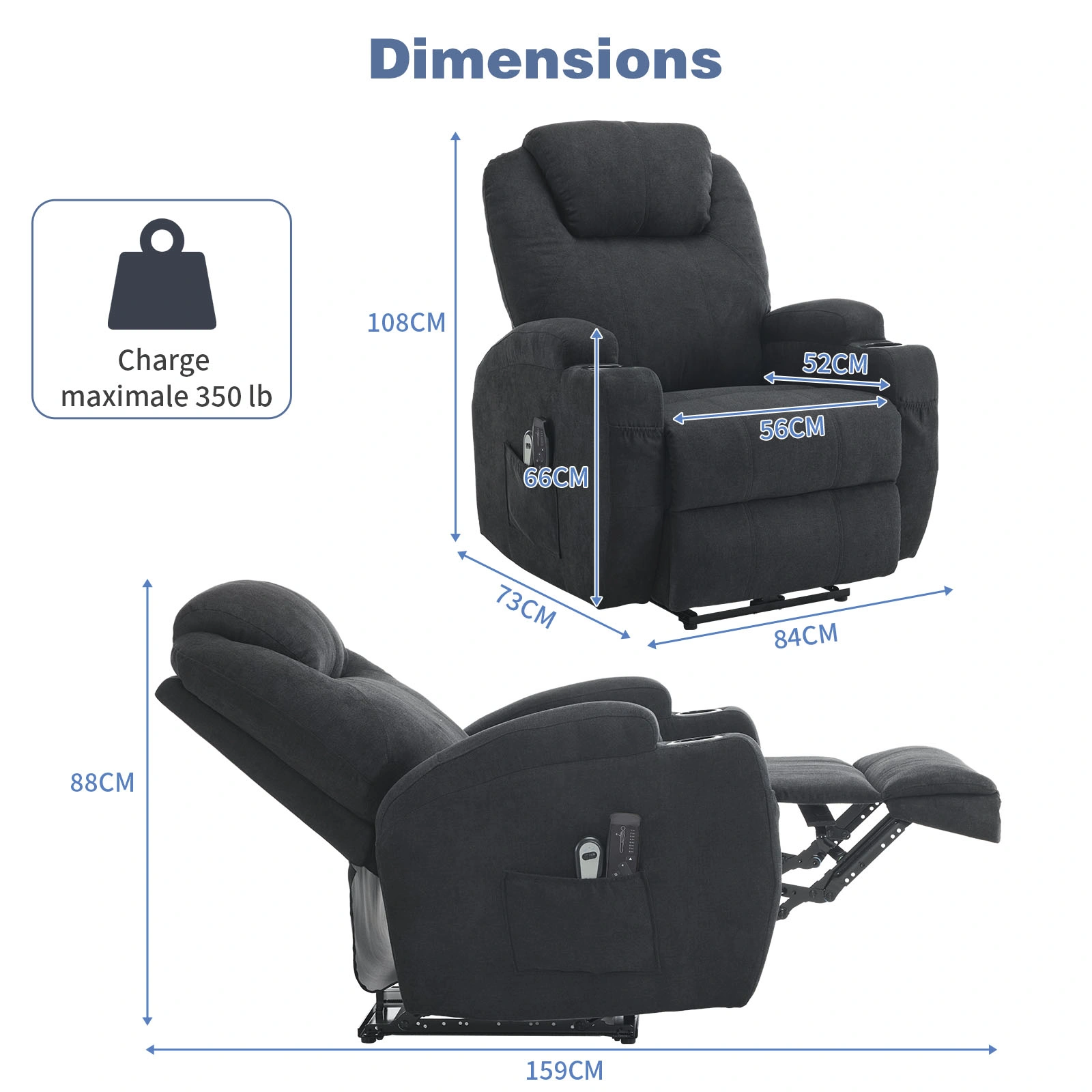 1pc Black Fabric Electric Flat Functional Chair with 2-Point Massage Belt & Heating, 120kg Weight Capacity, Indoor Power Recliner view 3