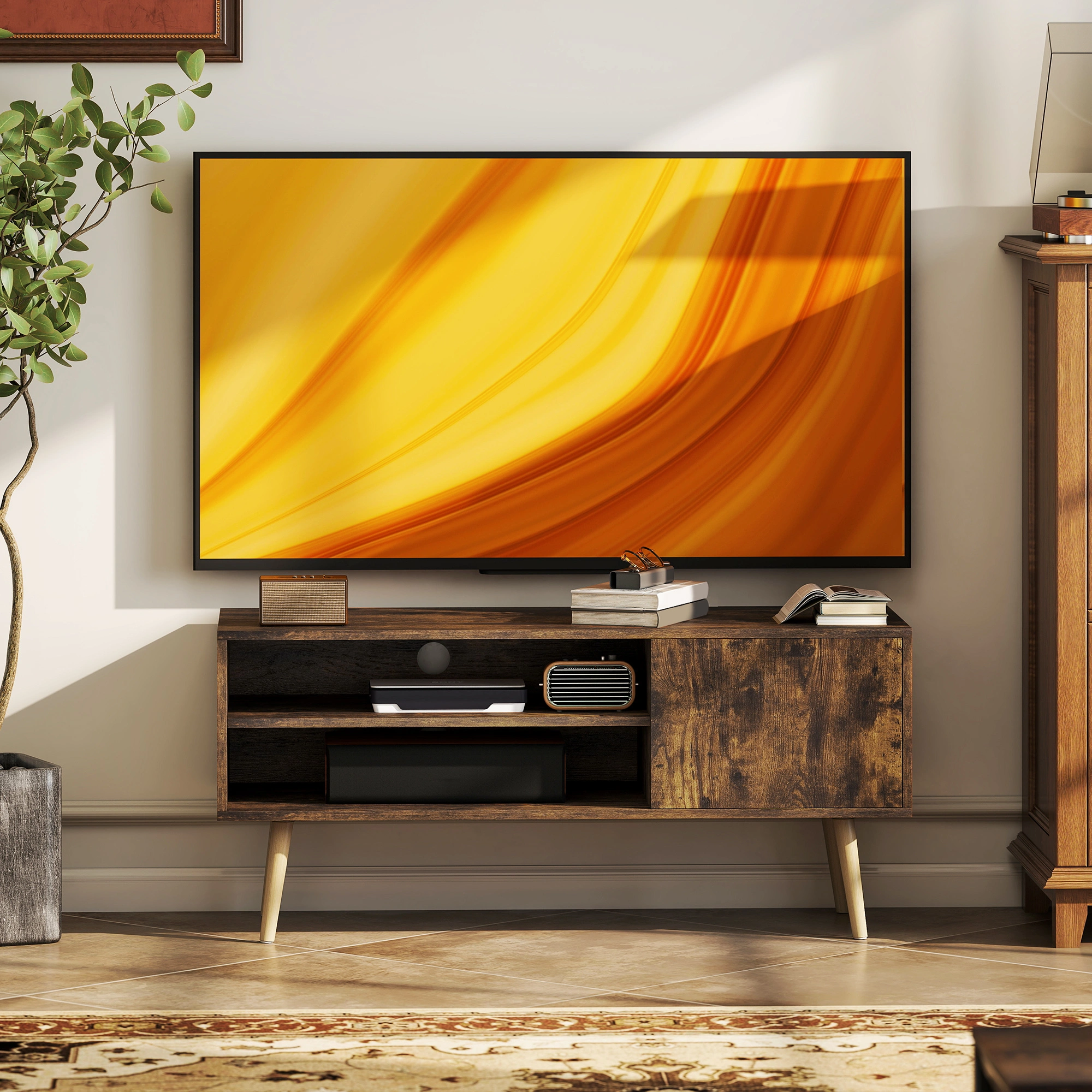 Modern TV Stand Cabinet, 55-65 inch Entertainment Center, Storage Shelves, Matte Black Finish, Easy Assembly, Living Room TV Console