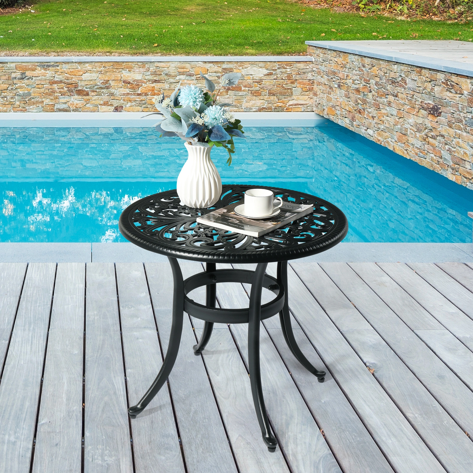 Phoenix Cast Aluminum Round Table, Patio End Table Side Table, Cast Aluminum Cocktail Table, Outdoor Bar Table, Black view 18