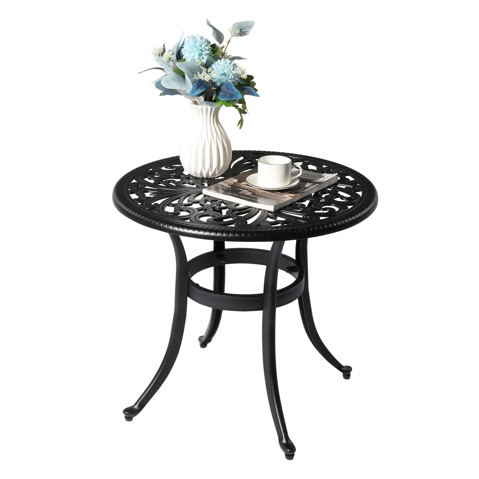 Phoenix Cast Aluminum Round Table, Patio End Table Side Table, Cast Aluminum Cocktail Table, Outdoor Bar Table, Black view 4