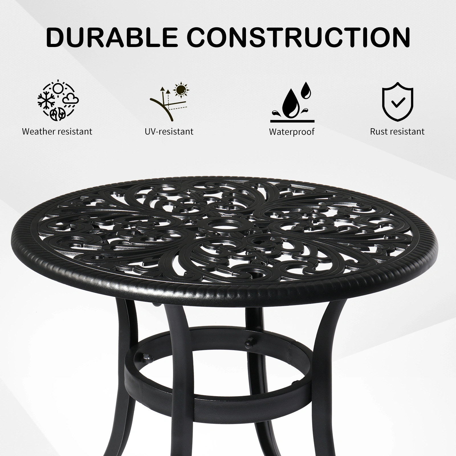 Phoenix Cast Aluminum Round Table, Patio End Table Side Table, Cast Aluminum Cocktail Table, Outdoor Bar Table, Black view 6