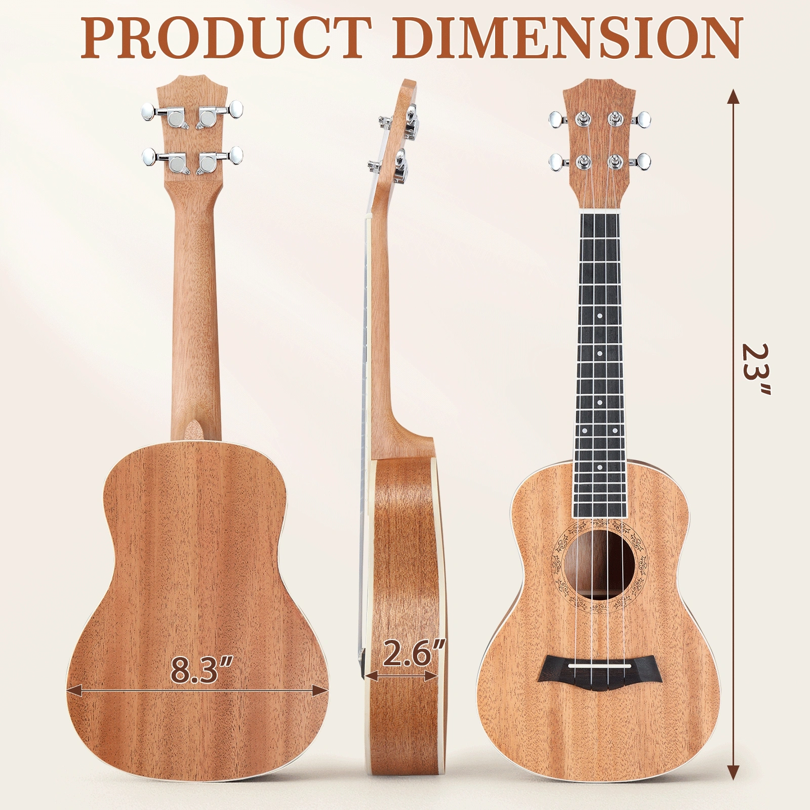 23in mahogany body rosewood fingerboard ukulele, cotton bag, capo, strap, picks*3, wrench tool view 6