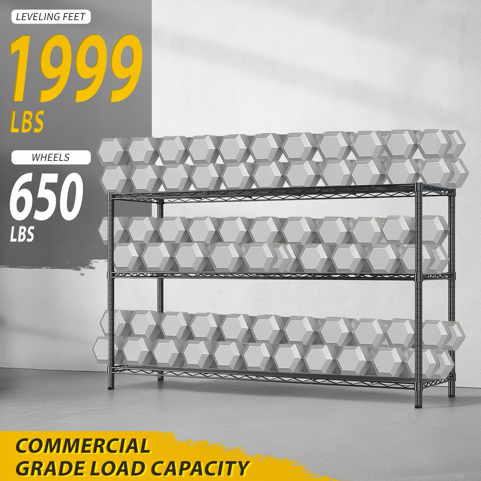 3-tier, adjustable shelf spacing, with adjustable feet and wheels, iron display stand, 117*45*104cm, powder-coated black view 11
