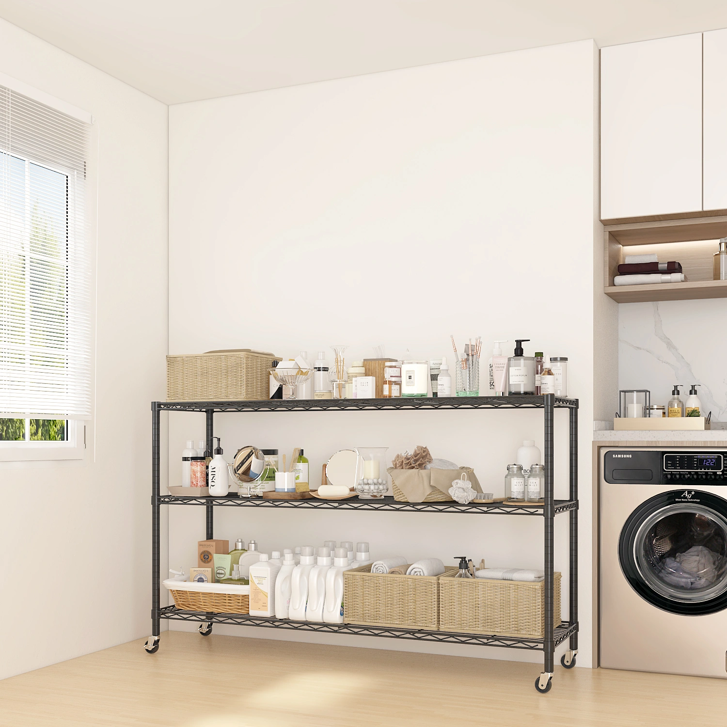 3-tier, adjustable shelf spacing, with adjustable feet and wheels, iron display stand, 117*45*104cm, powder-coated black view 12