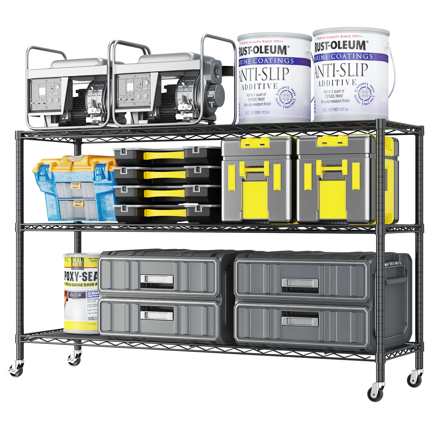 3-tier, adjustable shelf spacing, with adjustable feet and wheels, iron display stand, 117*45*104cm, powder-coated black view 3