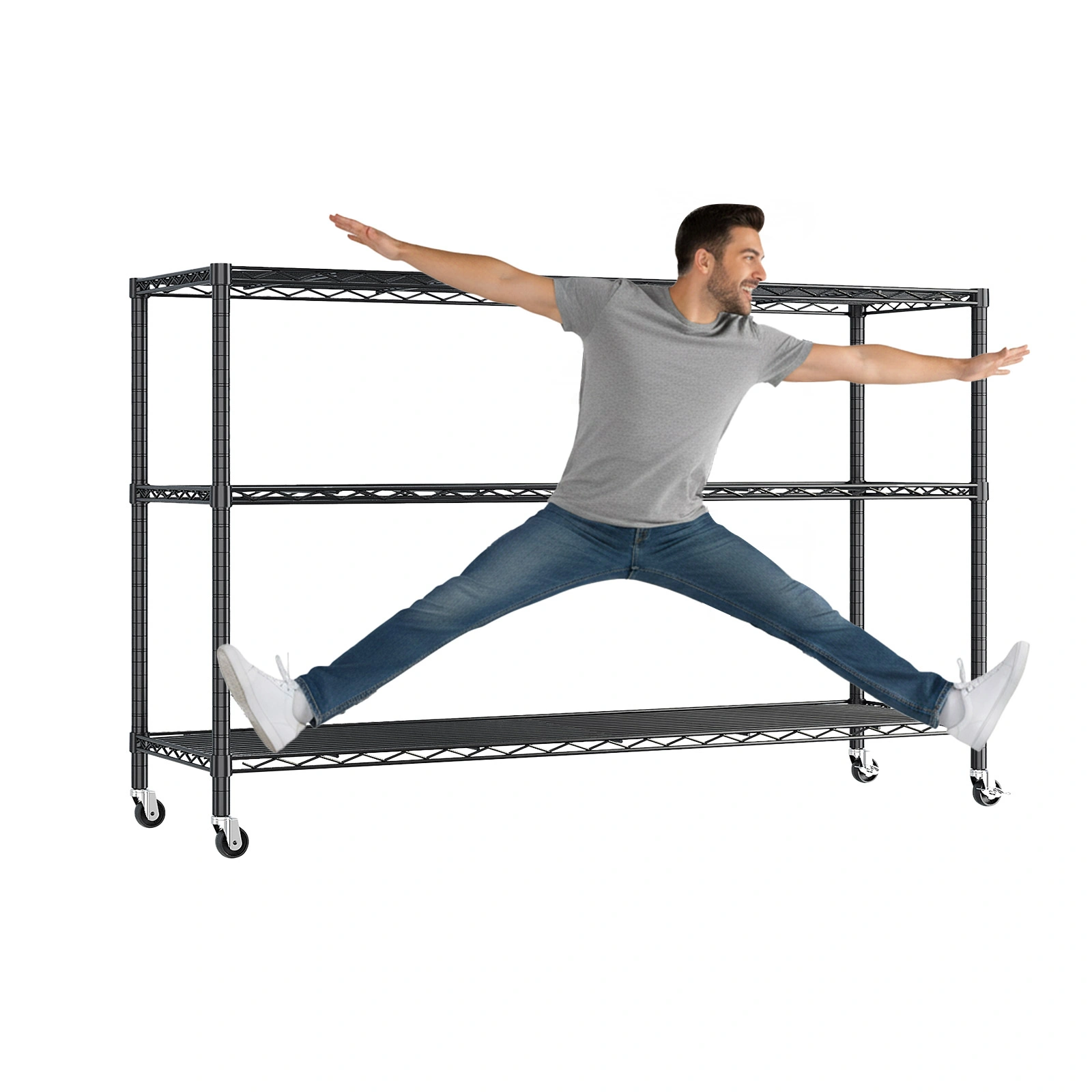 3-tier, adjustable shelf spacing, with adjustable feet and wheels, iron display stand, 117*45*104cm, powder-coated black view 5