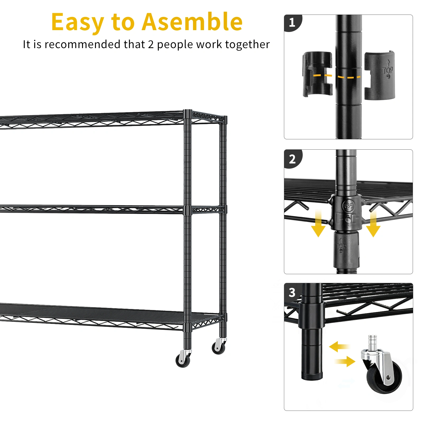 3-tier, adjustable shelf spacing, with adjustable feet and wheels, iron display stand, 117*45*104cm, powder-coated black view 7