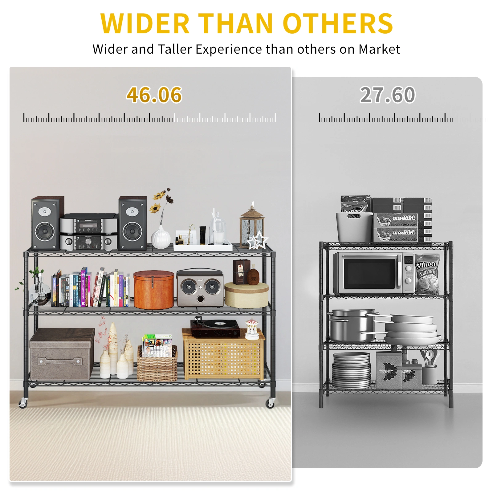 3-tier, adjustable shelf spacing, with adjustable feet and wheels, iron display stand, 117*45*104cm, powder-coated black view 8